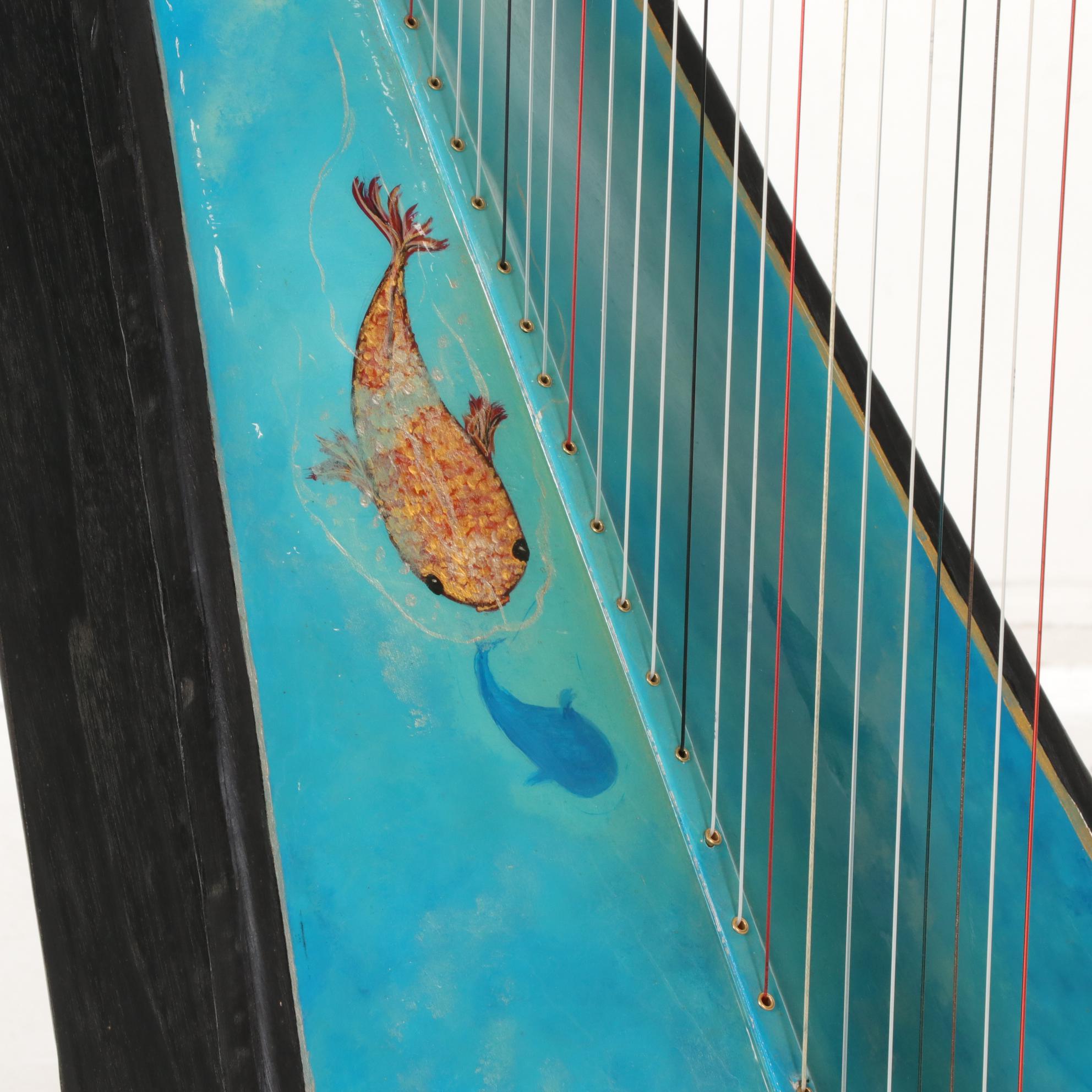 Pedal Harp with Hand-Painted Fish in a Pond Soundboard
