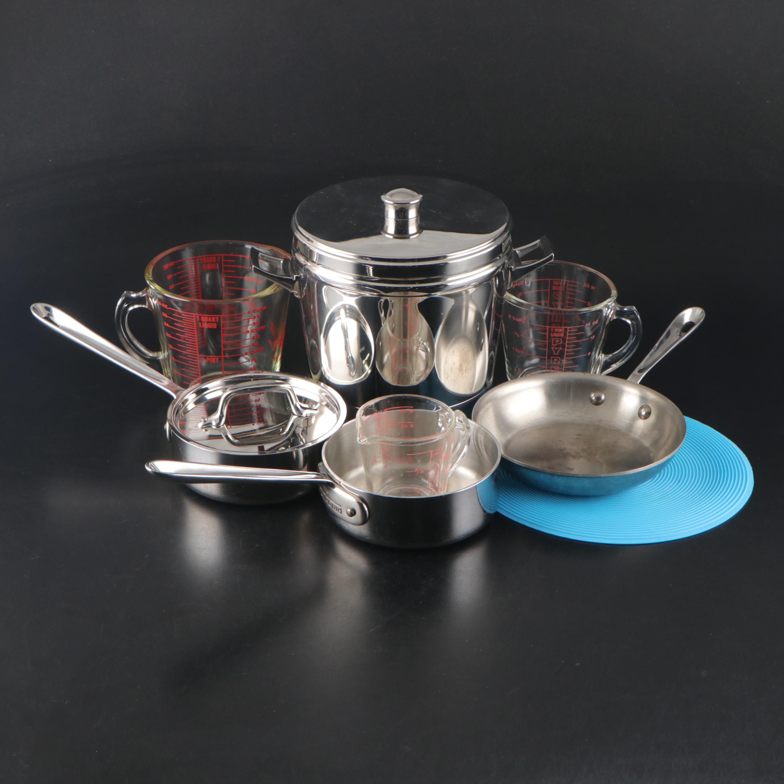 Pyrex Liquid Measuring Cups with All-Clad Pans and Ice Bucket