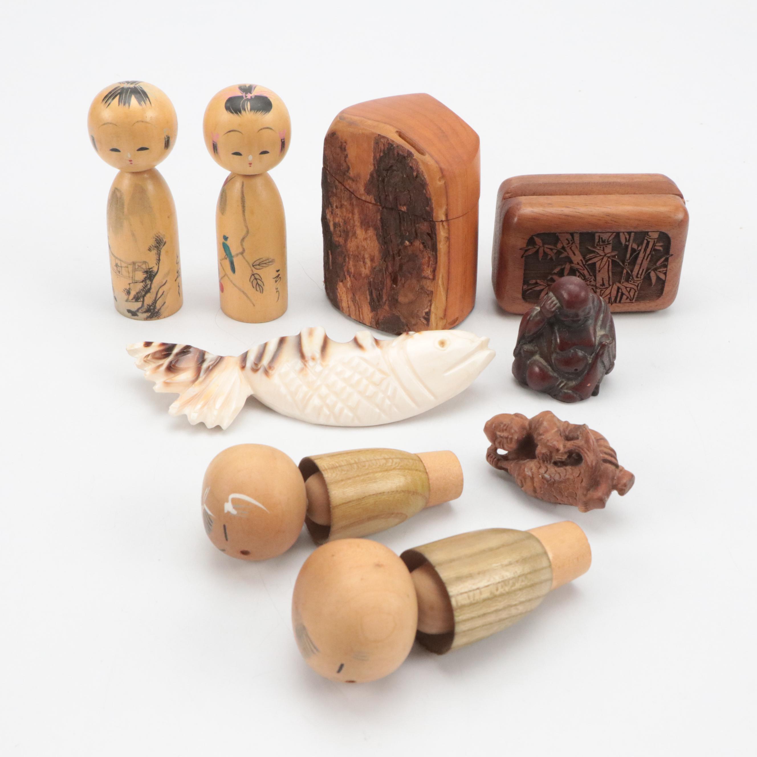 Bizarre Boxes Finshed Wood Box with Carved Stone Fish Paperweight with More