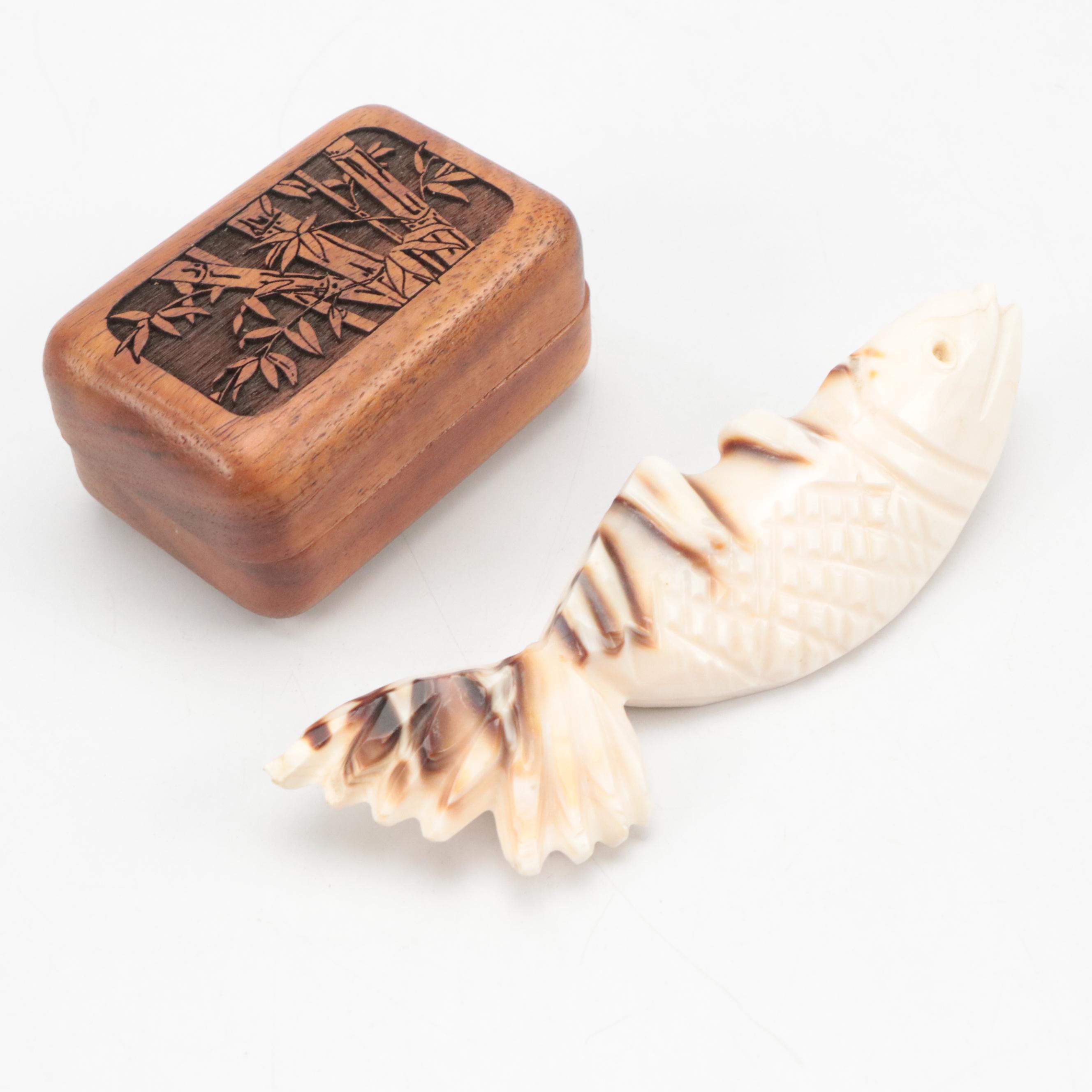 Bizarre Boxes Finshed Wood Box with Carved Stone Fish Paperweight with More