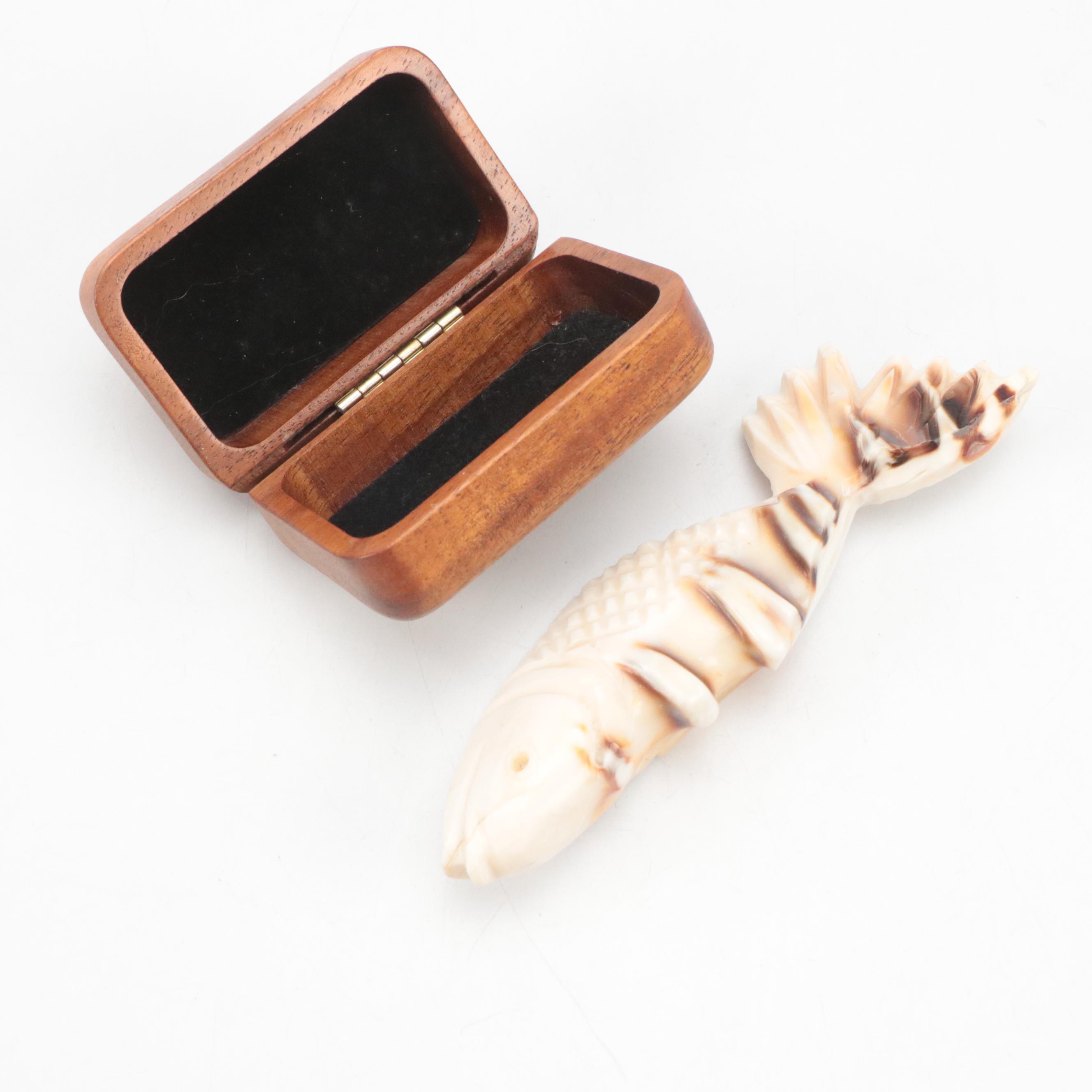Bizarre Boxes Finshed Wood Box with Carved Stone Fish Paperweight with More