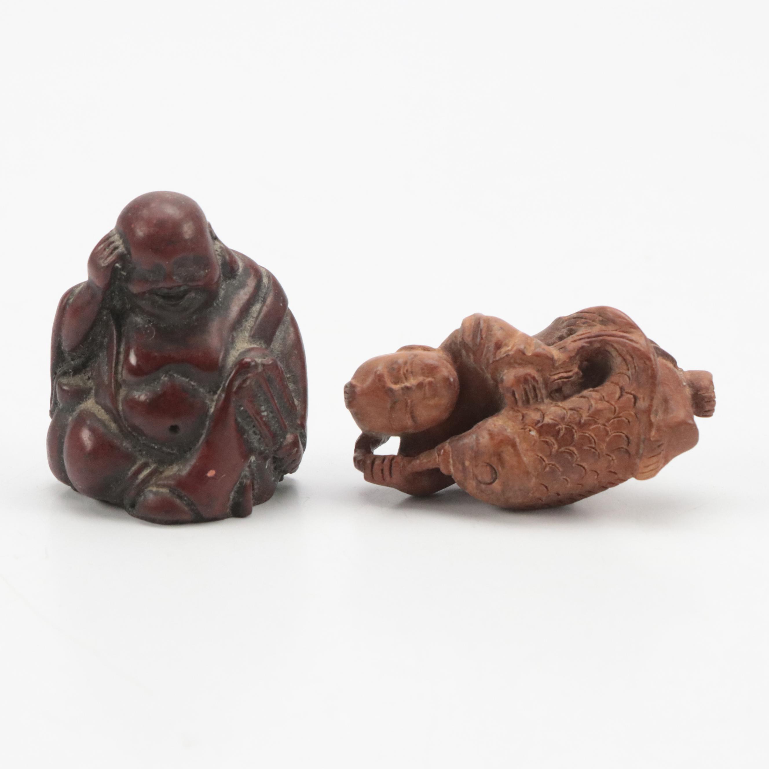 Bizarre Boxes Finshed Wood Box with Carved Stone Fish Paperweight with More