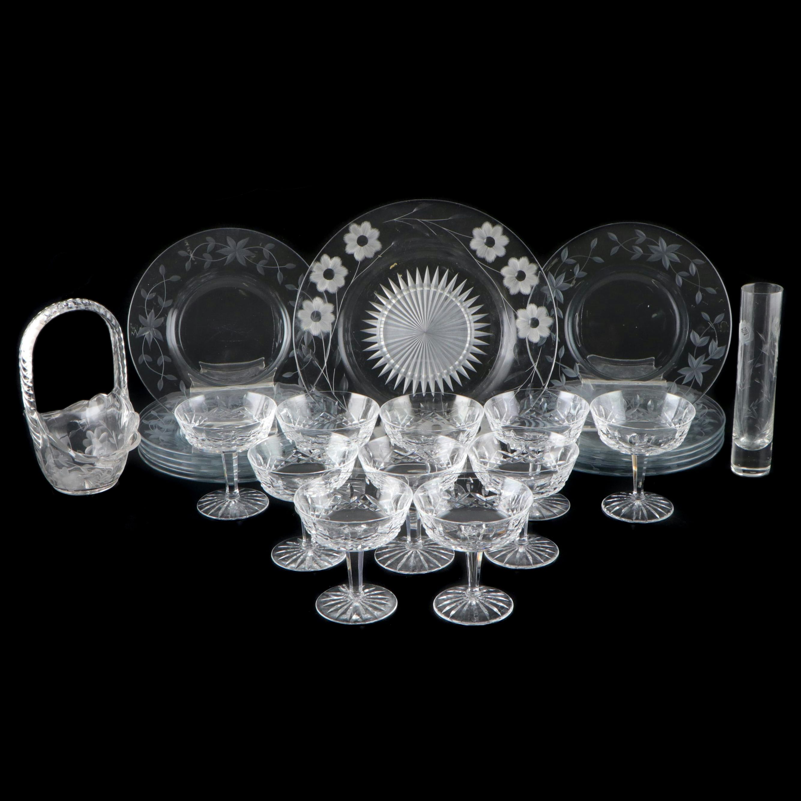Waterford "Lismore" Crystal Champagne Coupe Glasses with Etched Glass Dishes