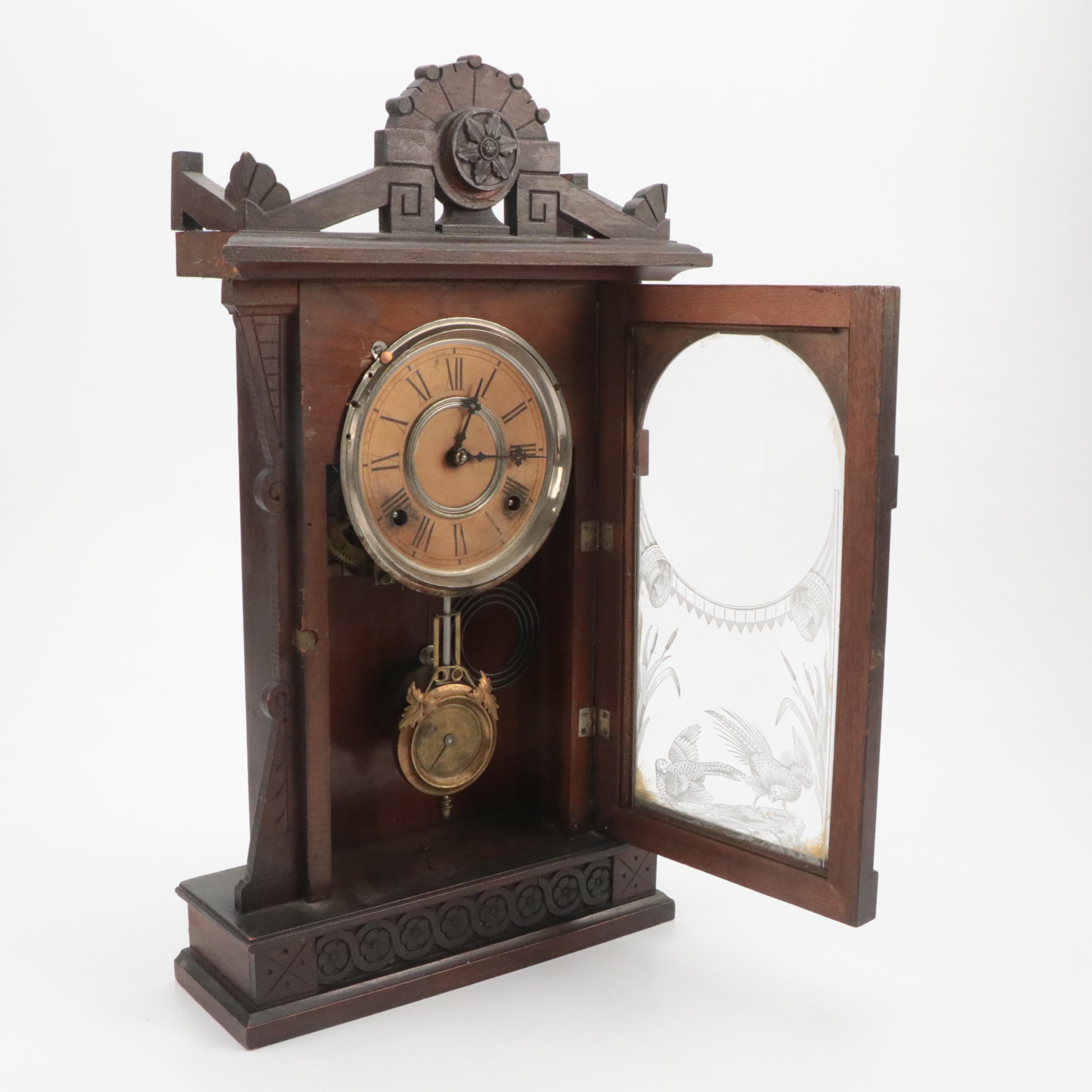 William L. Gilbert "Helios" Carved Walnut Shelf Clock, Late 19th Century