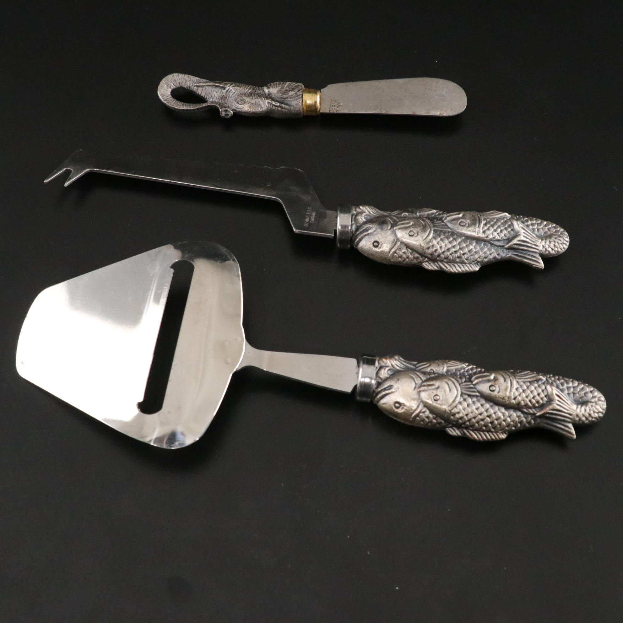 Animal Motif Cheese Planes and Knives with Silver Plate Dish and More