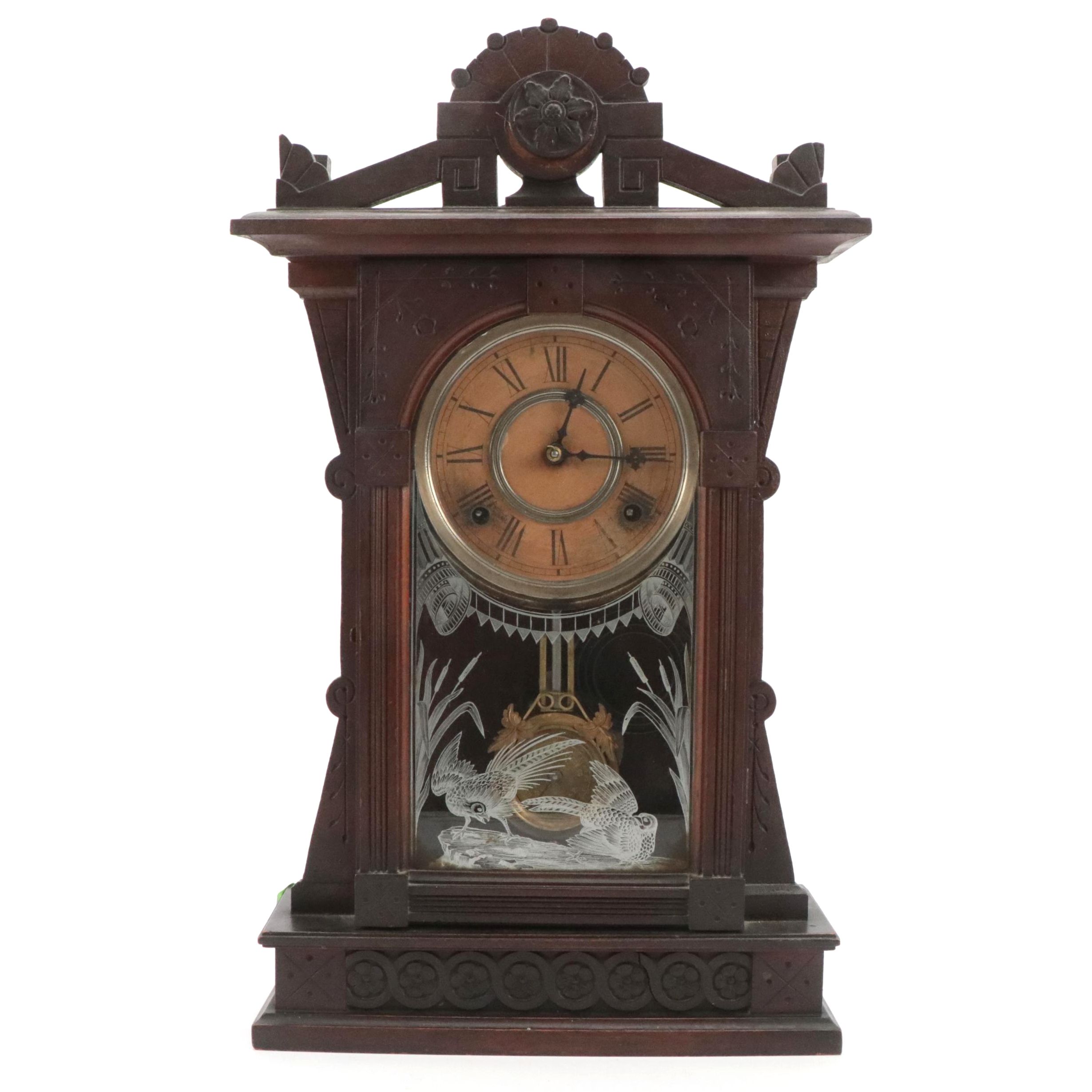 William L. Gilbert "Helios" Carved Walnut Shelf Clock, Late 19th Century