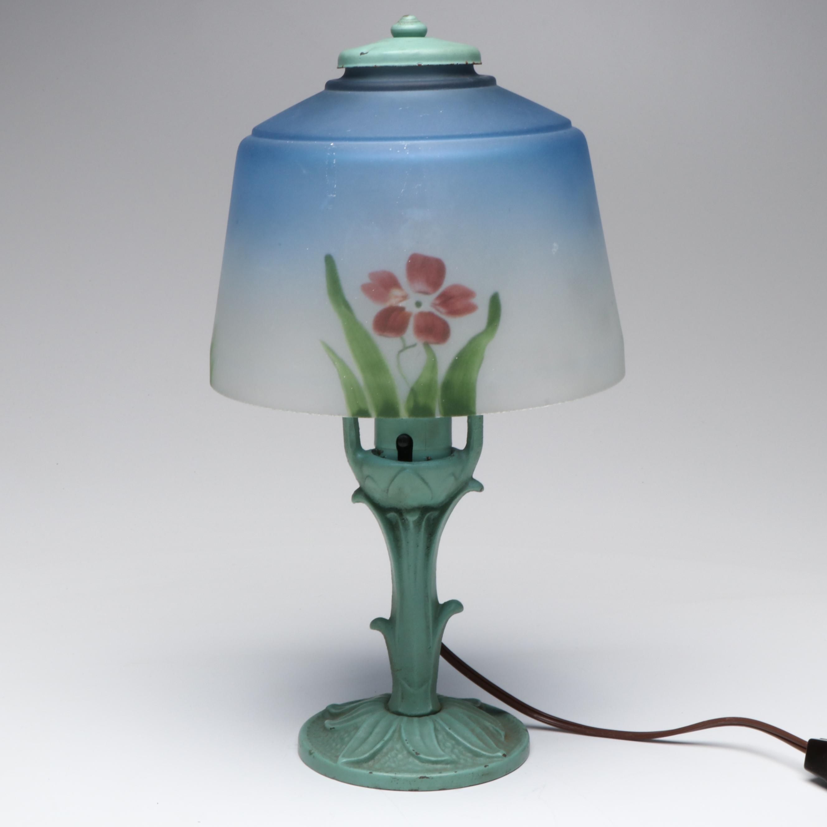 Cold-Painted Metal Boudoir Lamp with Reverse-Painted Satin Glass Shade