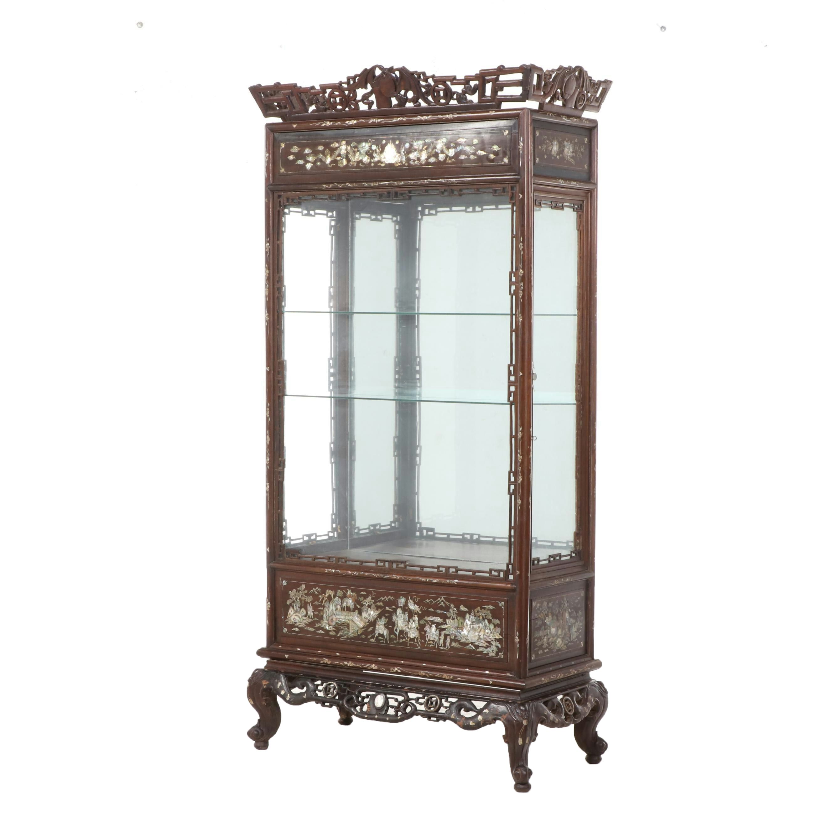 Chinese Carved Rosewood Display Cabinet with Mother-of-Pearl and Abalone Inlay