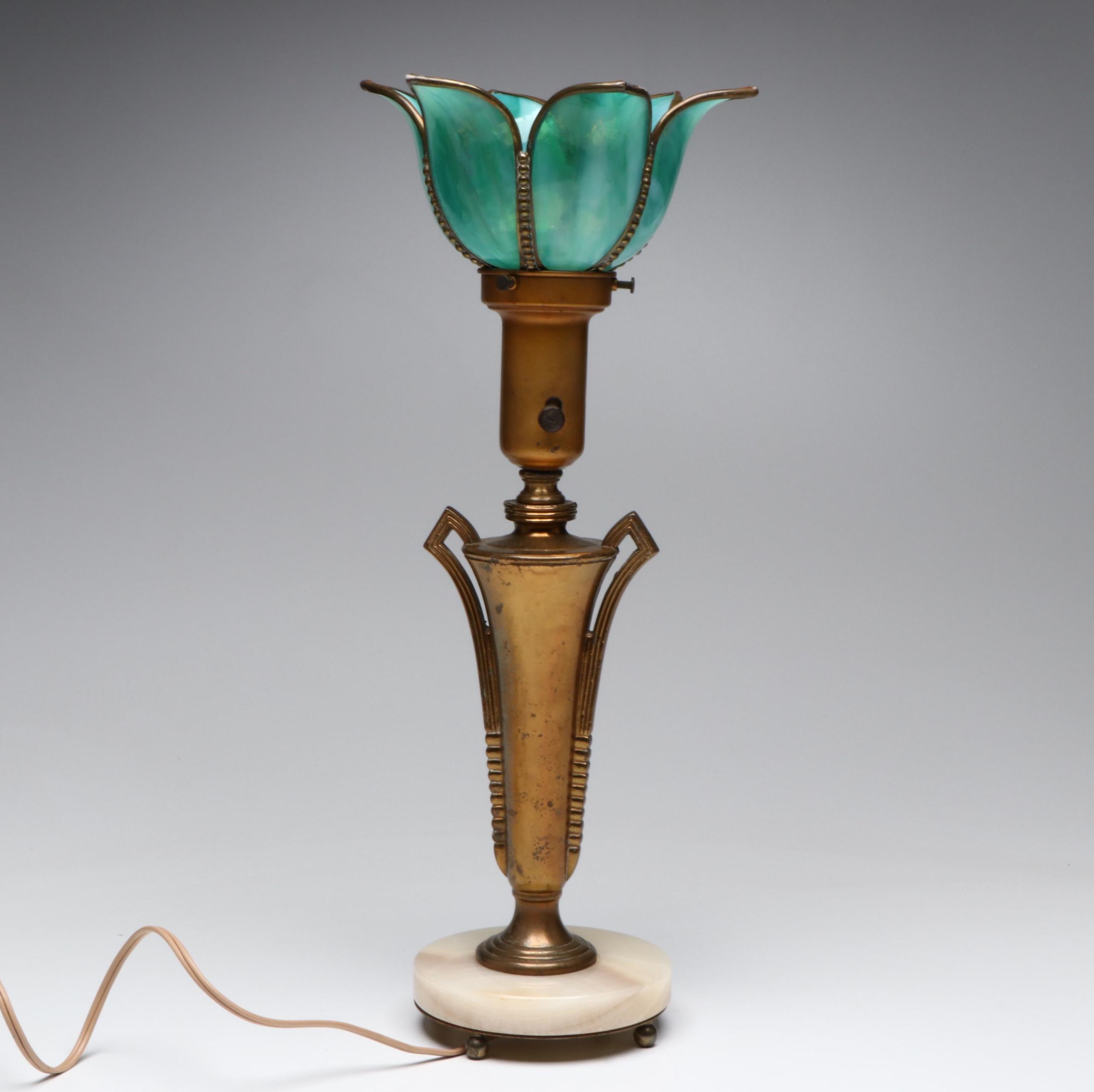 Spelter and Marble with Slag Glass Tulip Torchère Table Lamp, Early 20th C.