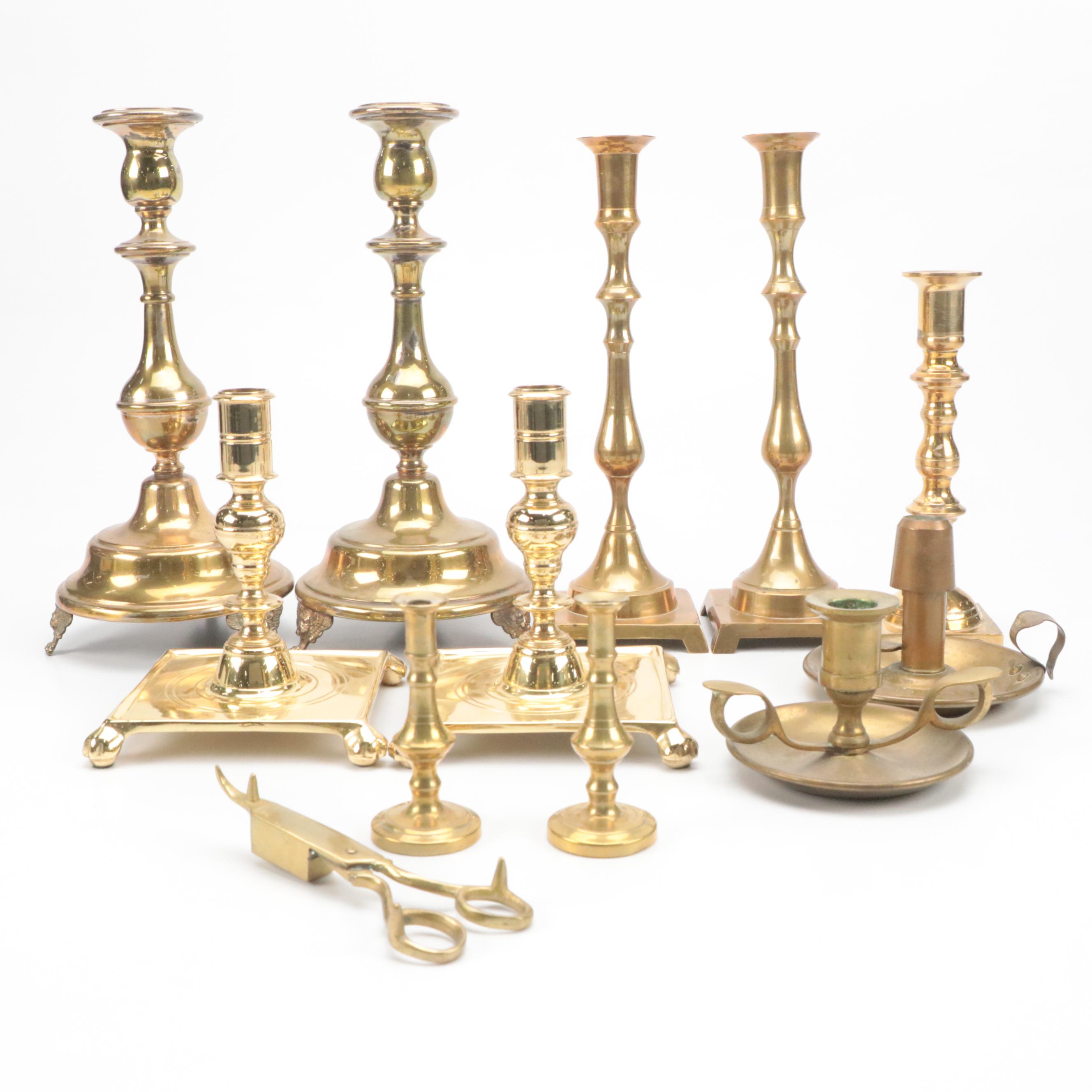 Indian and Other Cast Brass Candlesticks, Candle Holders and Wick Trimmer