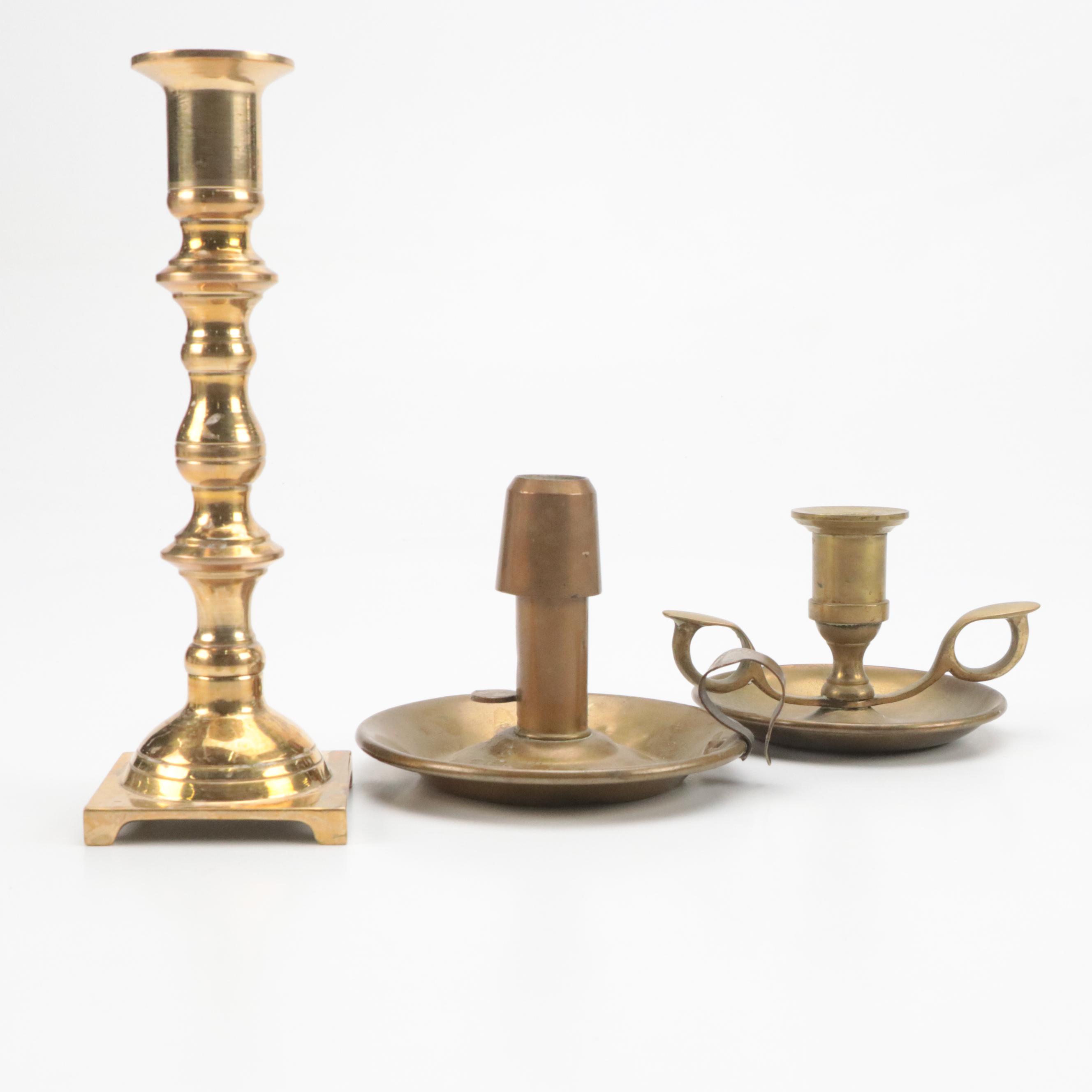 Indian and Other Cast Brass Candlesticks, Candle Holders and Wick Trimmer