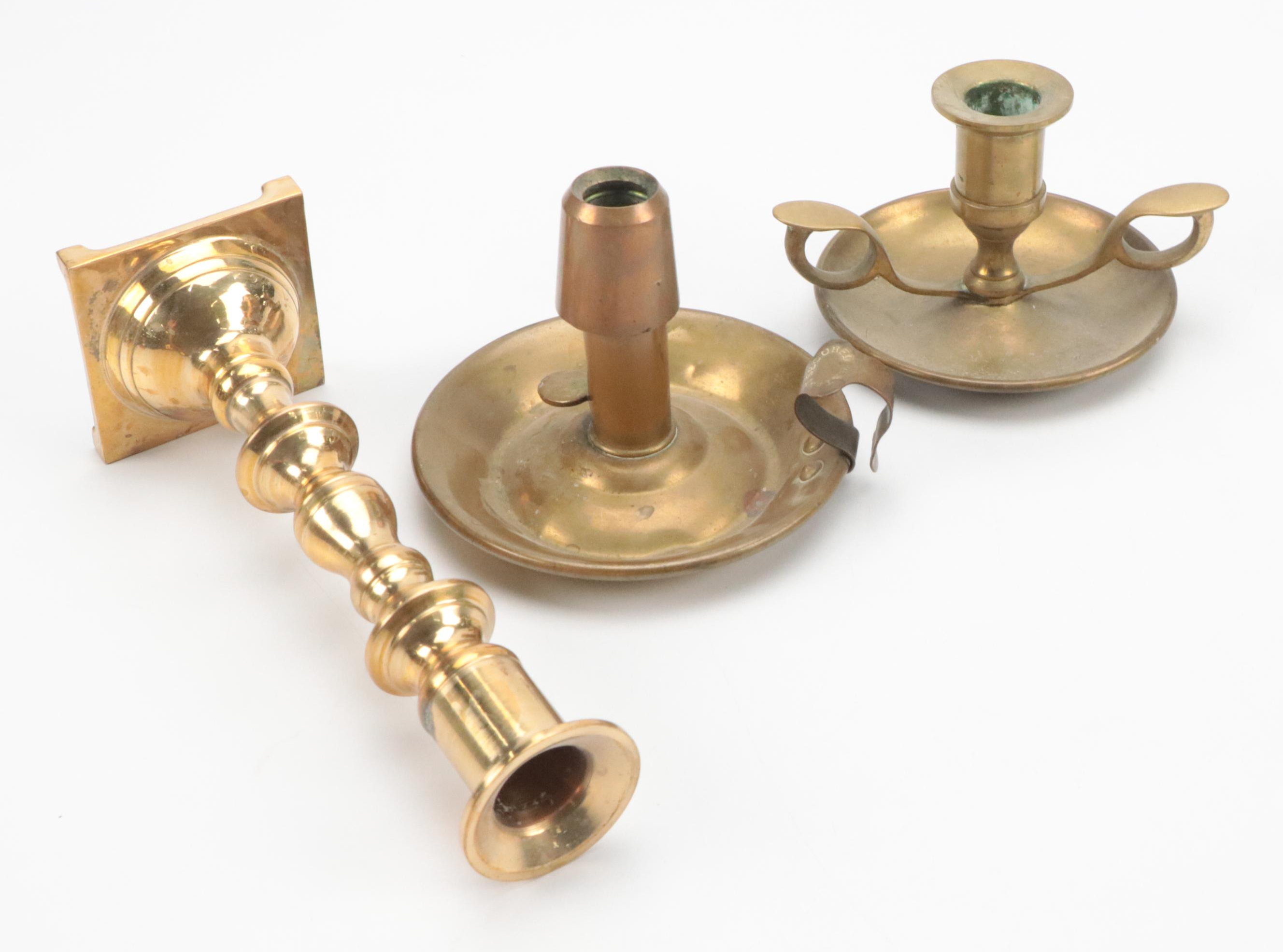 Indian and Other Cast Brass Candlesticks, Candle Holders and Wick Trimmer