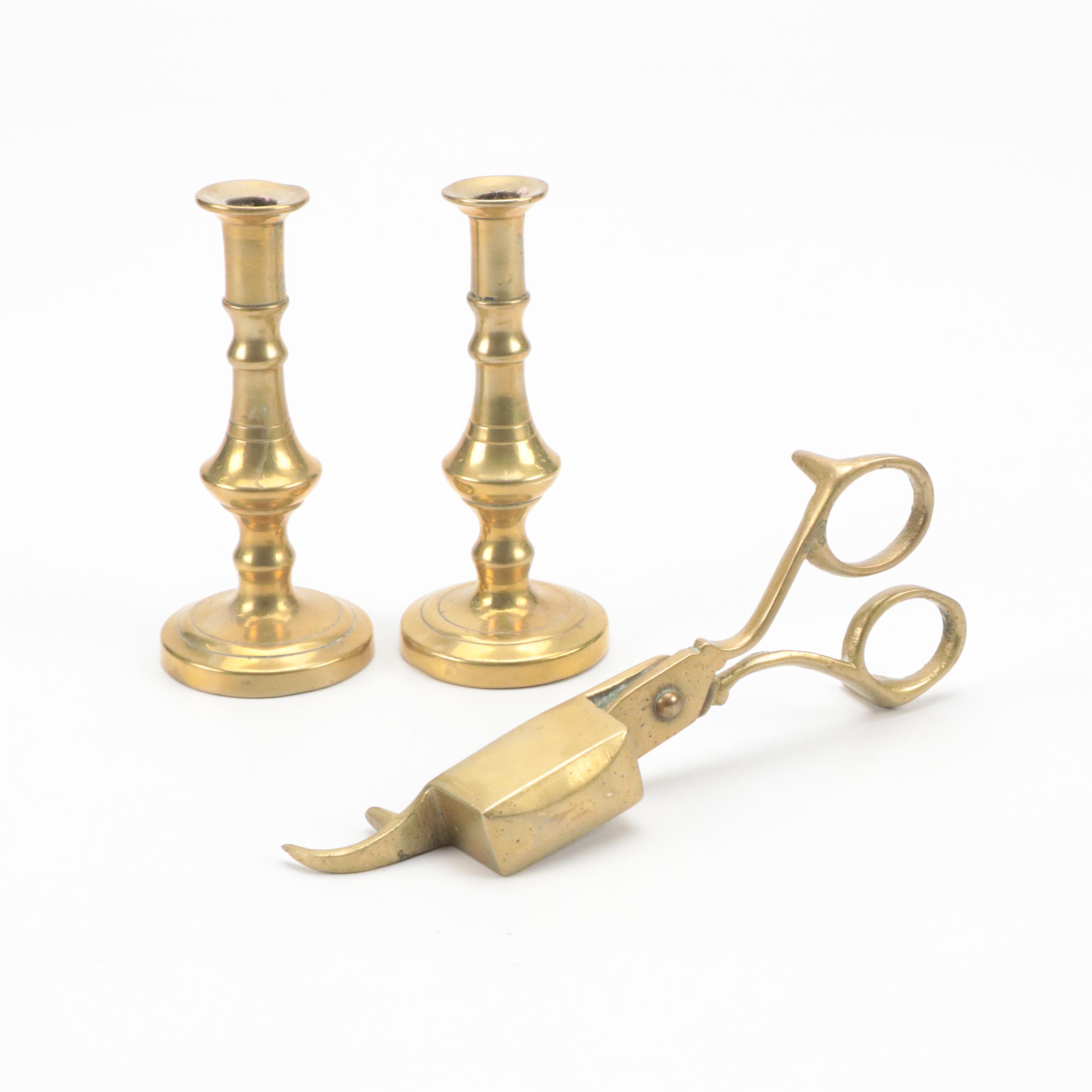 Indian and Other Cast Brass Candlesticks, Candle Holders and Wick Trimmer