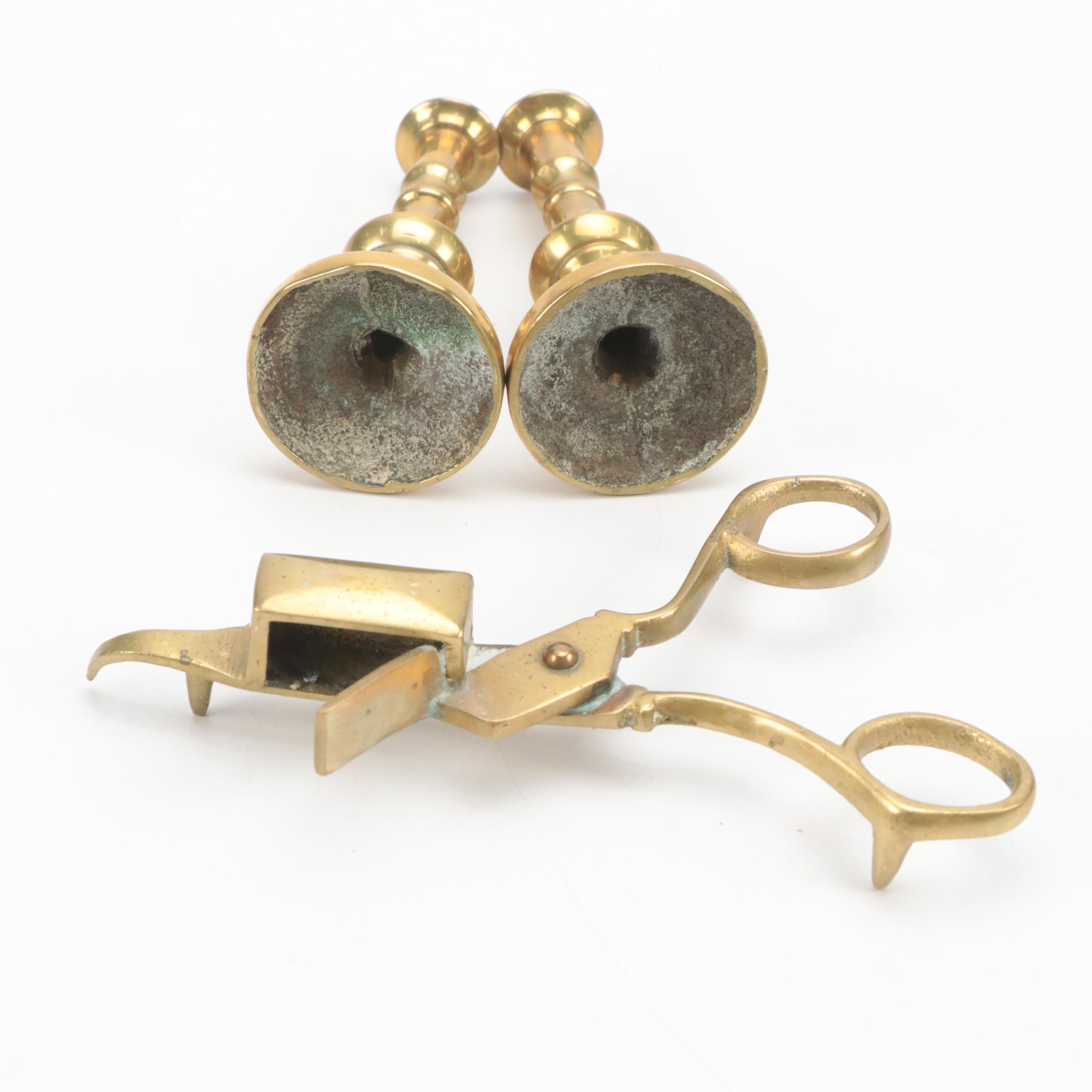 Indian and Other Cast Brass Candlesticks, Candle Holders and Wick Trimmer