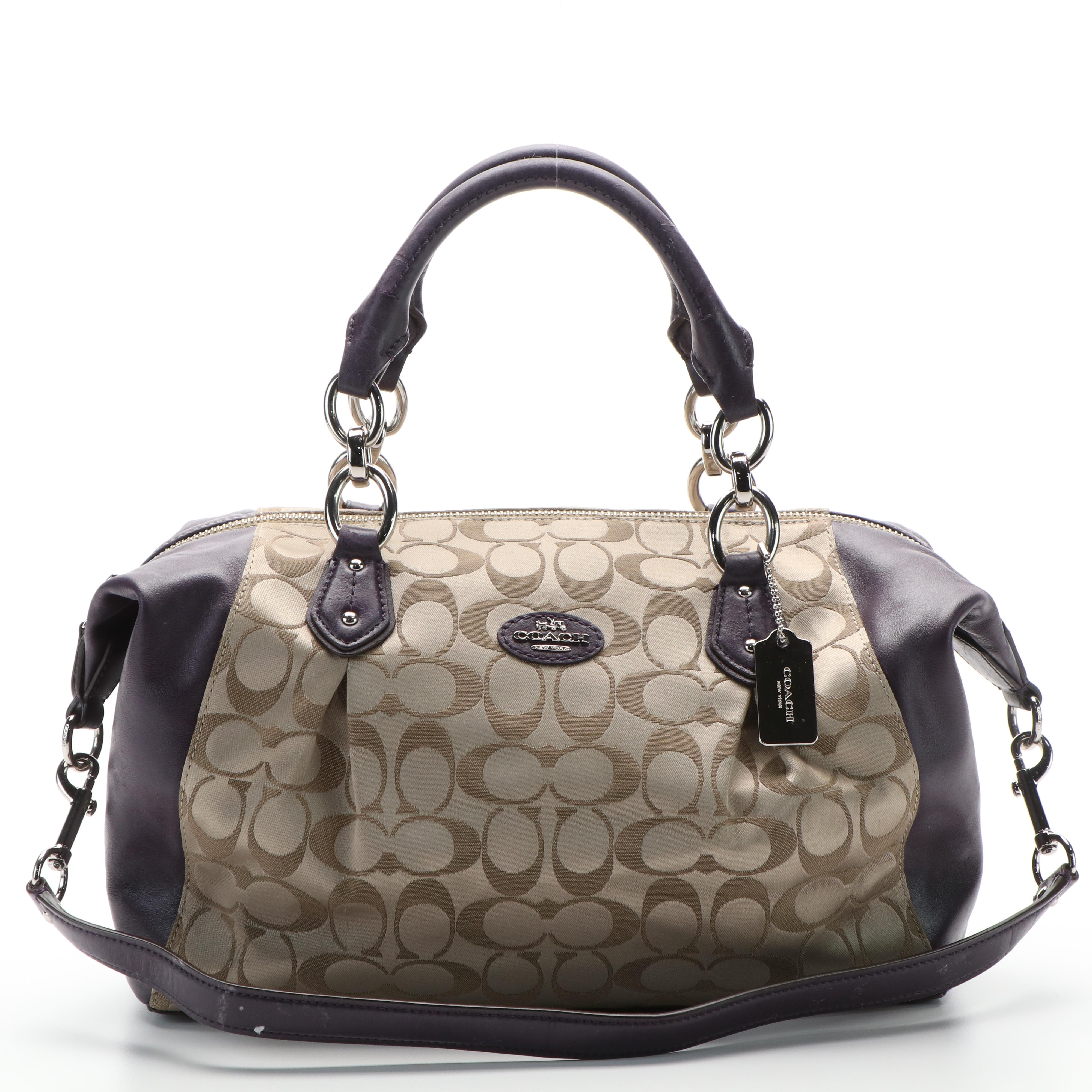 Coach Satchel in Signature Jacquard Canvas and Purple Leather