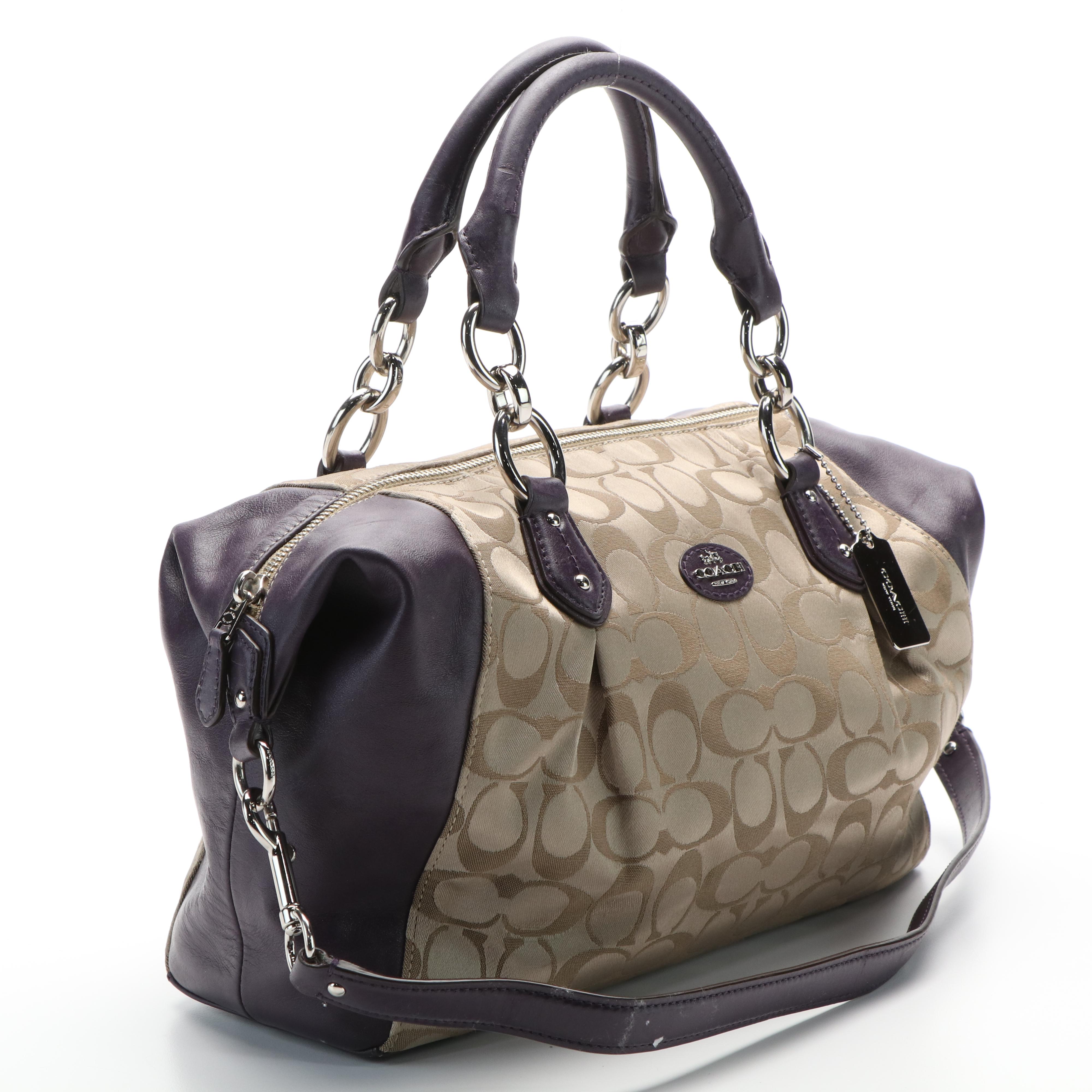 Coach Satchel in Signature Jacquard Canvas and Purple Leather