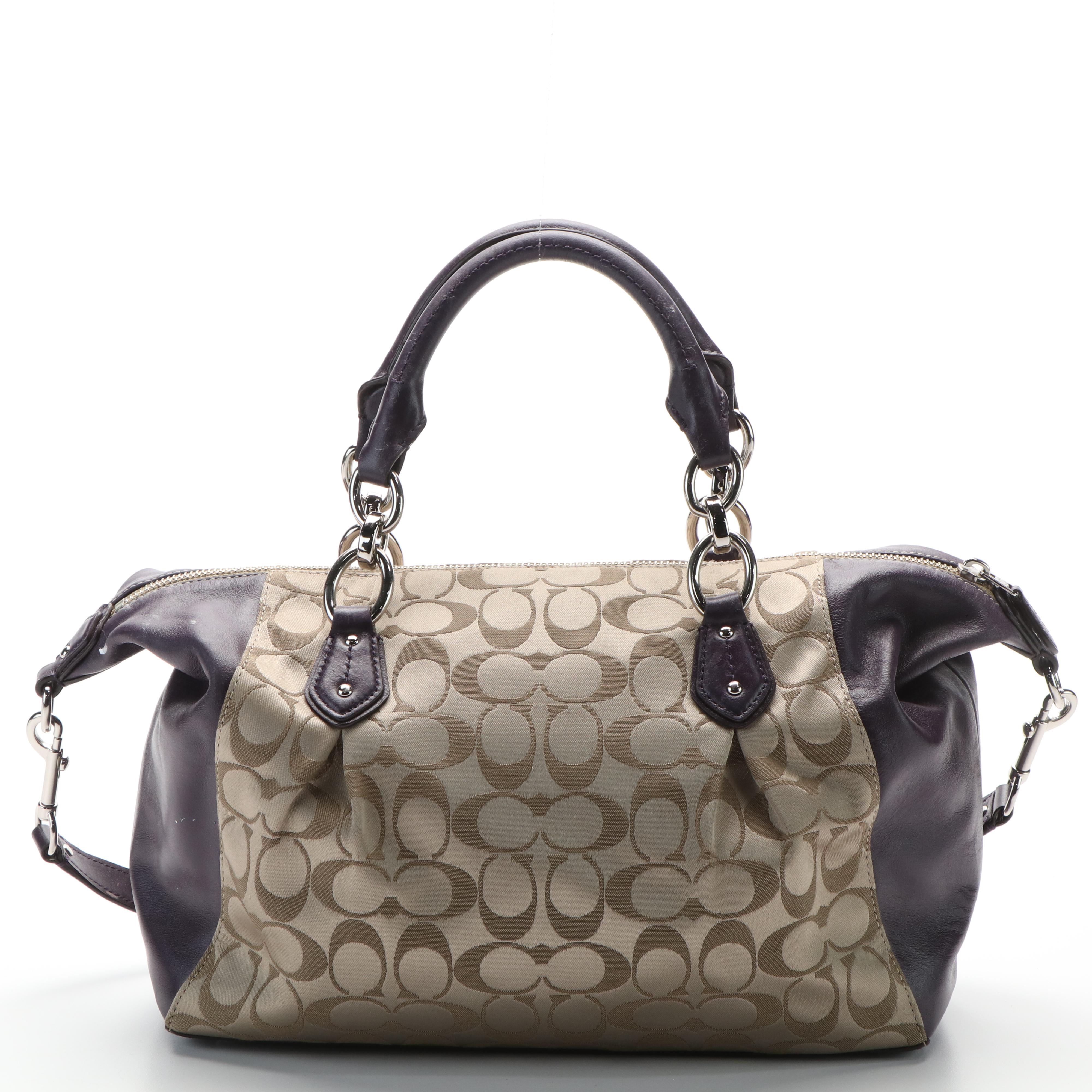 Coach Satchel in Signature Jacquard Canvas and Purple Leather