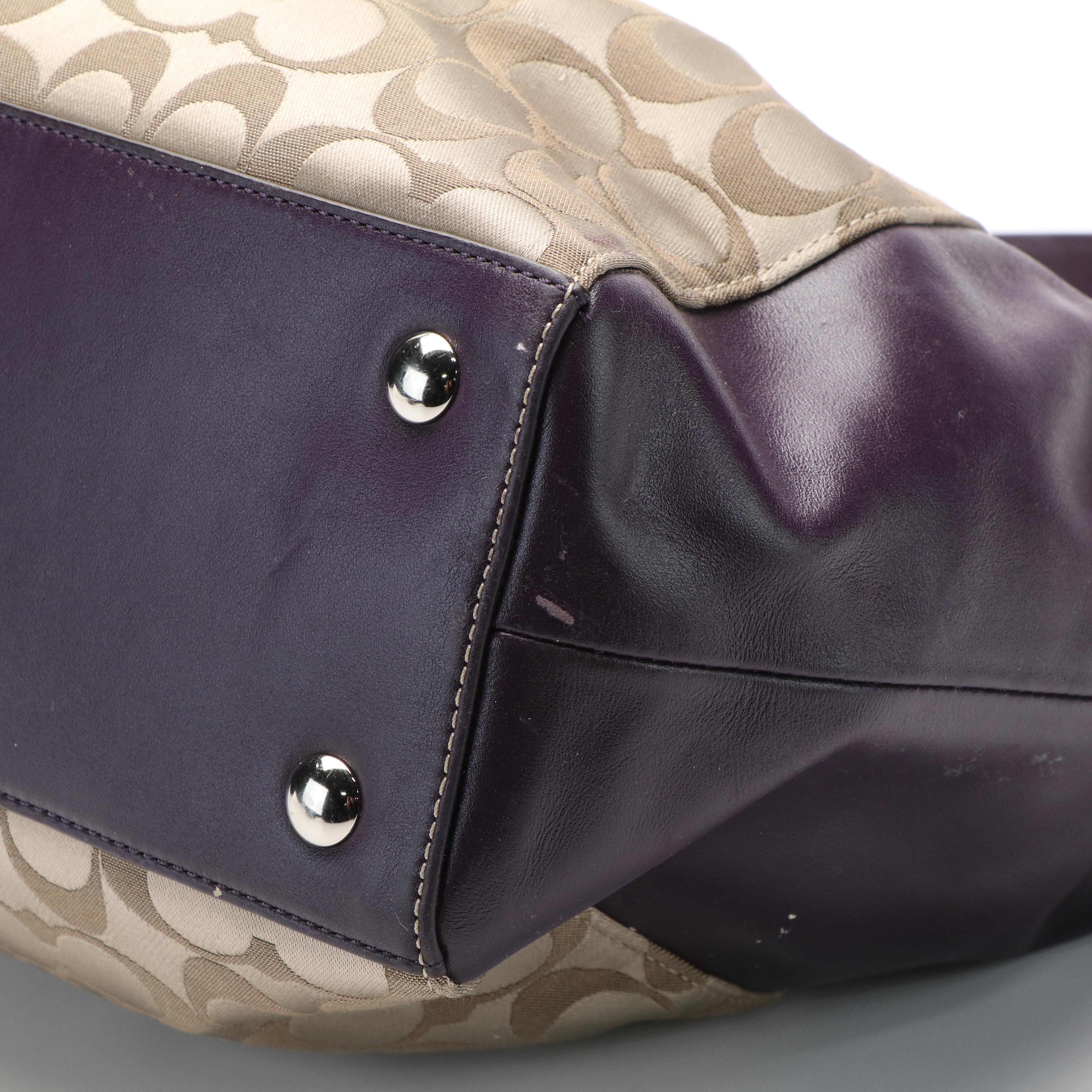Coach Satchel in Signature Jacquard Canvas and Purple Leather