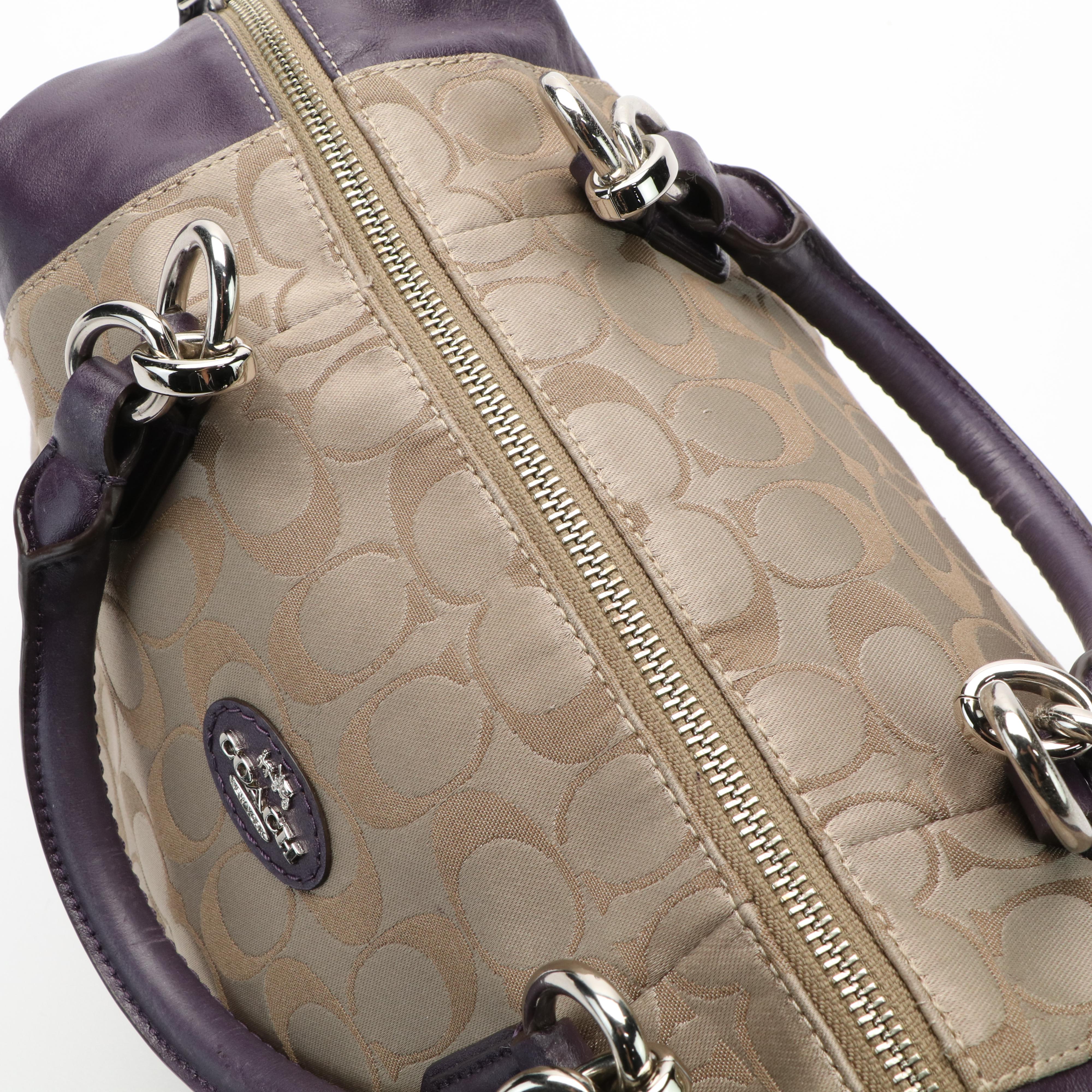 Coach Satchel in Signature Jacquard Canvas and Purple Leather