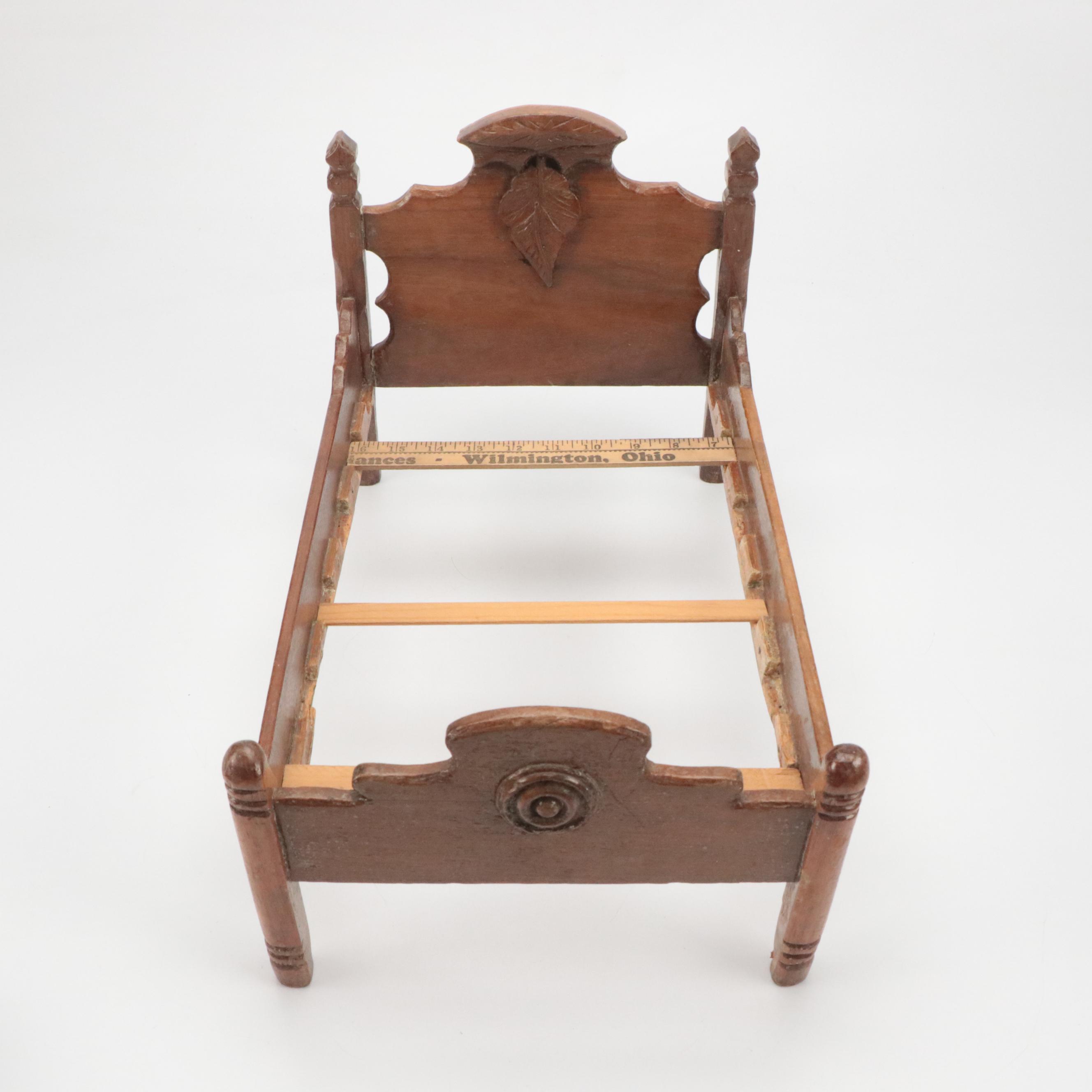 Late Victorian Style Walnut Doll's Bed with Miniature Quilt and Bedding