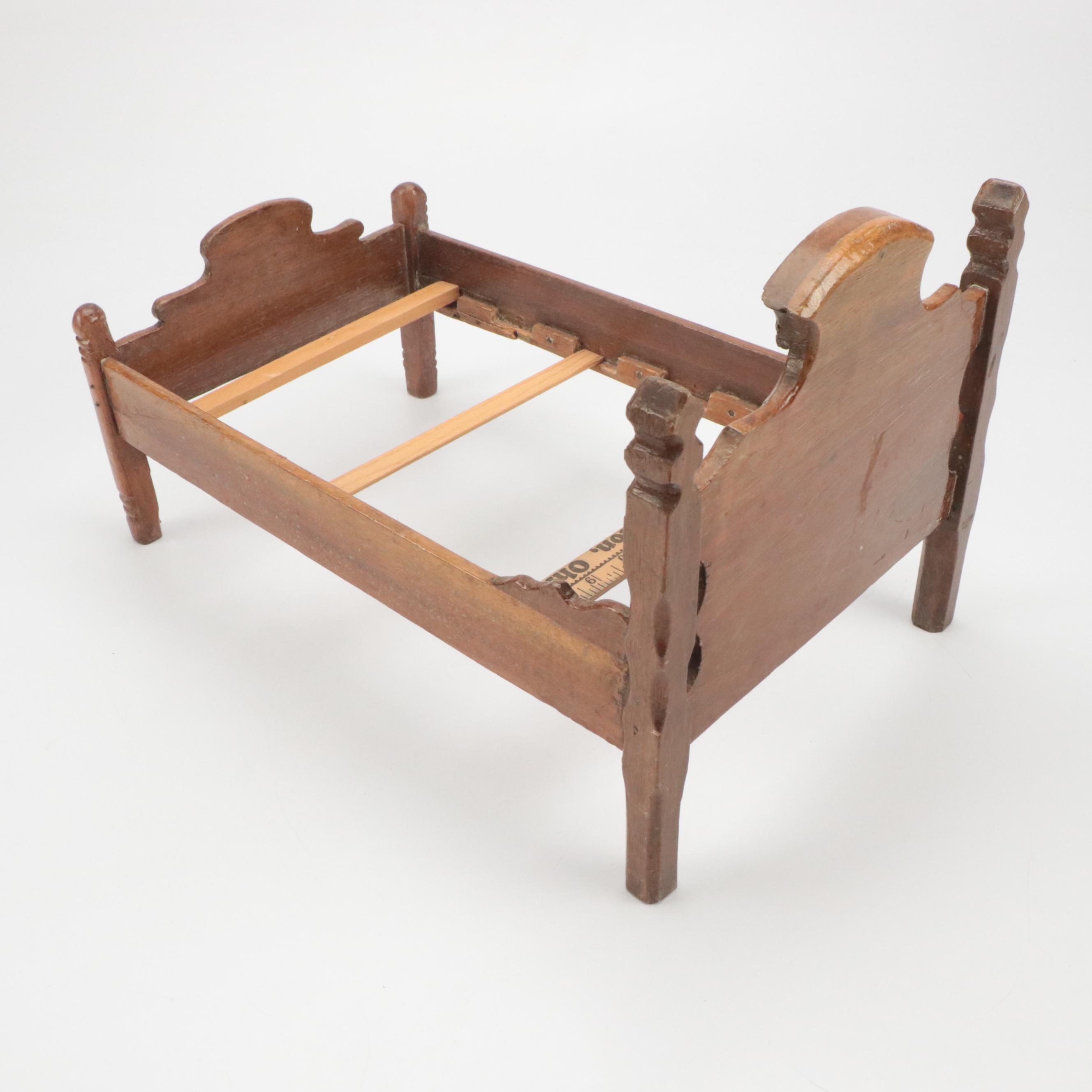 Late Victorian Style Walnut Doll's Bed with Miniature Quilt and Bedding