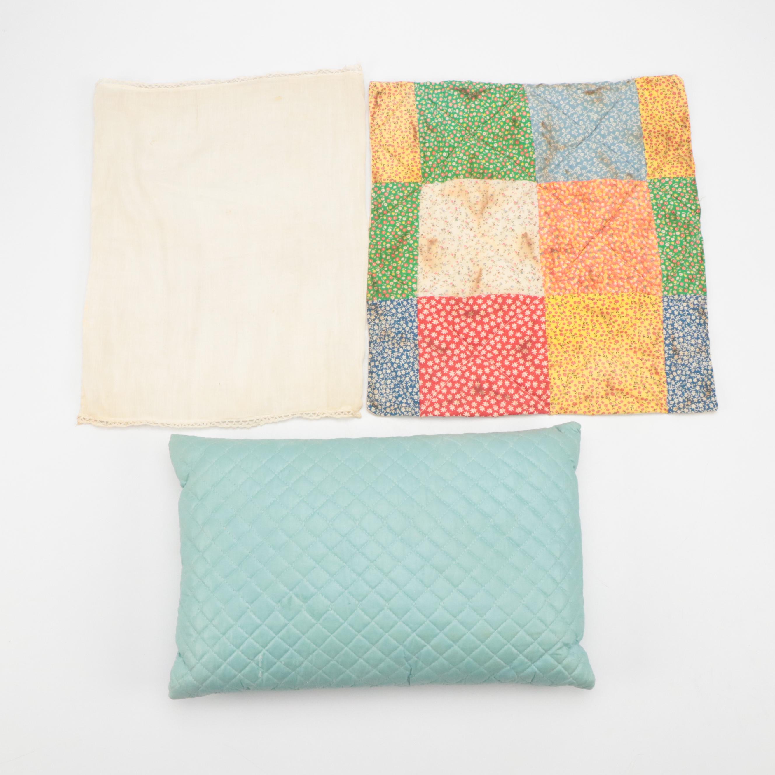 Late Victorian Style Walnut Doll's Bed with Miniature Quilt and Bedding