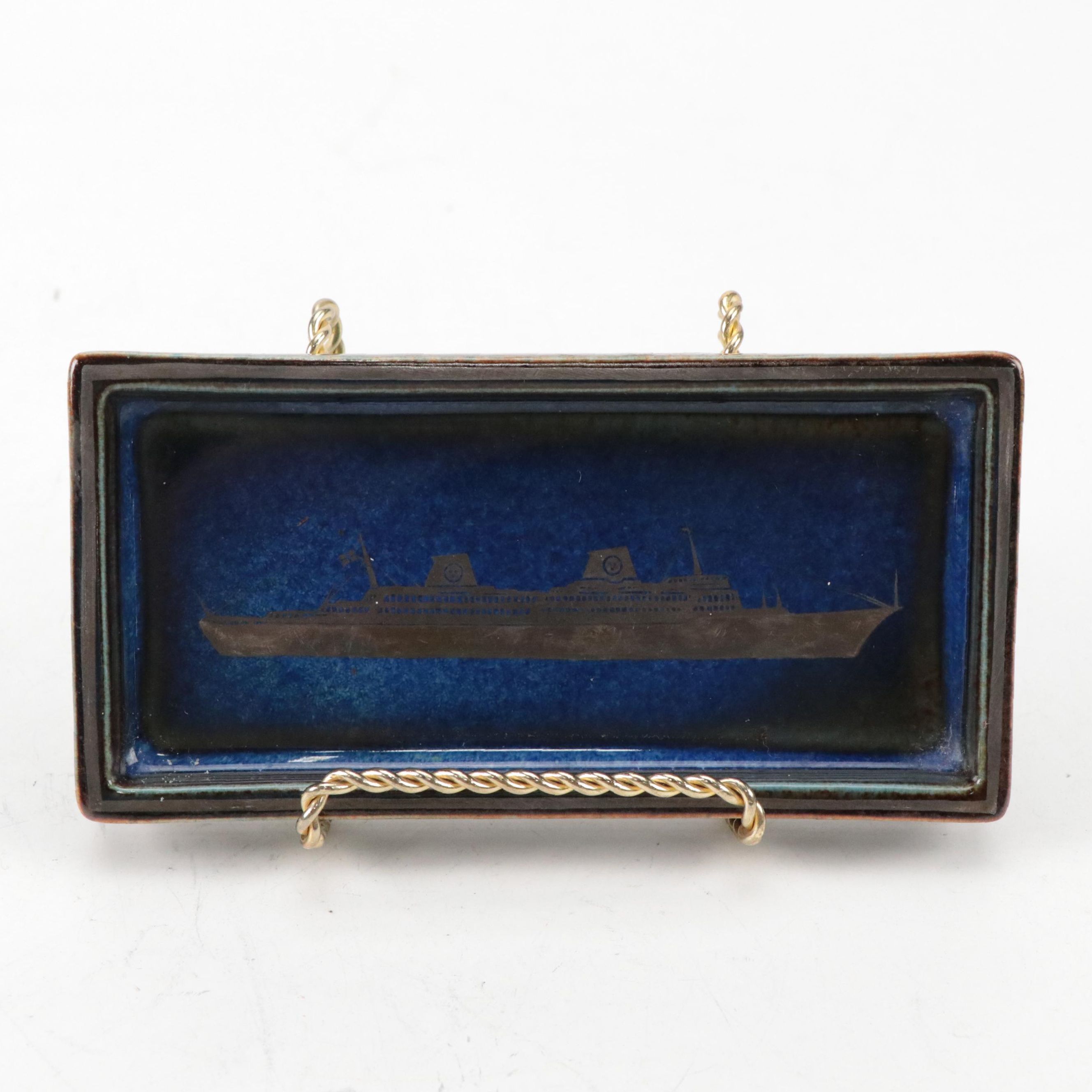 Gustavsberg Swedish American Line Blue Tray Sterling Ship Overlay