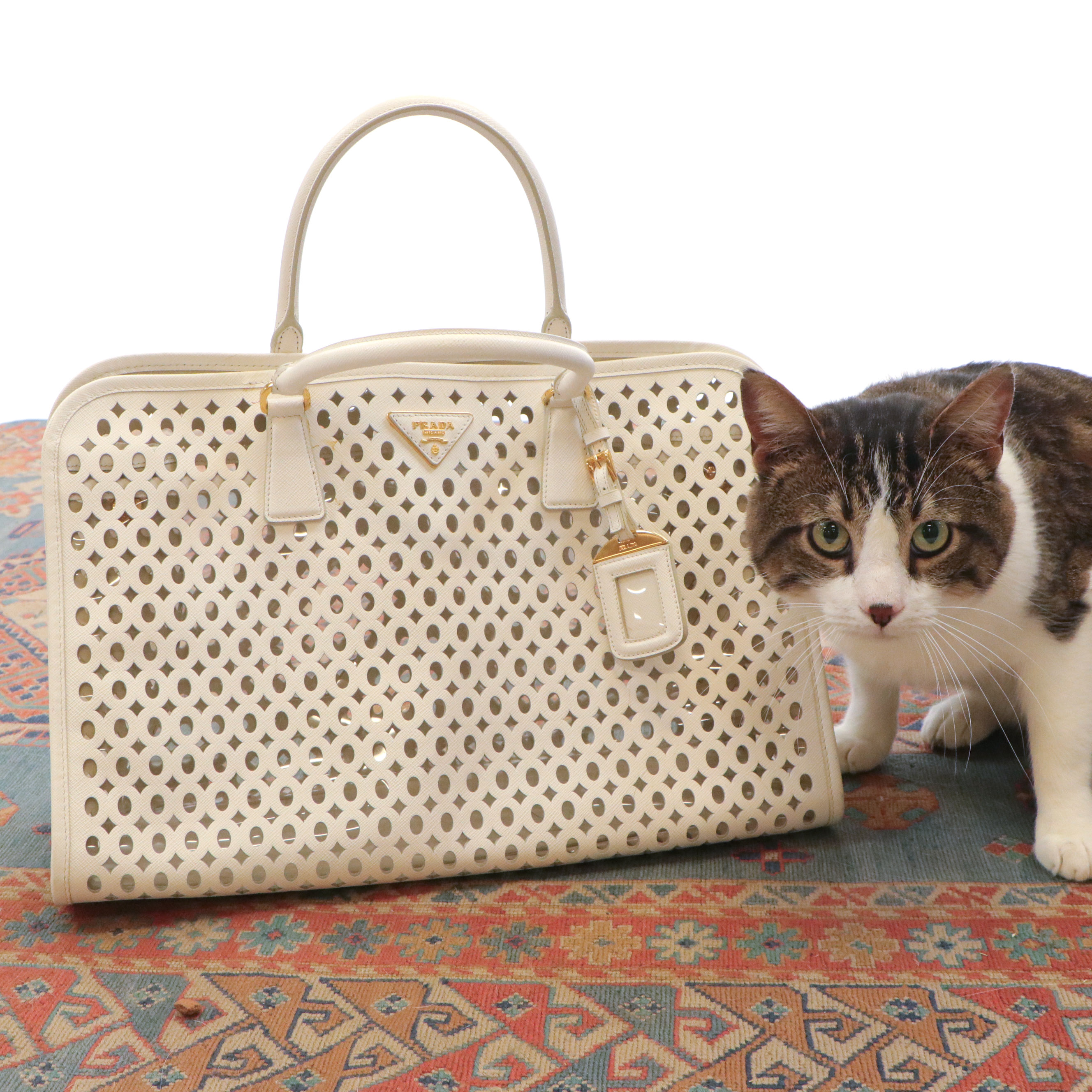 Prada Vernice Perforated Saffiano Leather Top Handle Bag with Model "Duck"