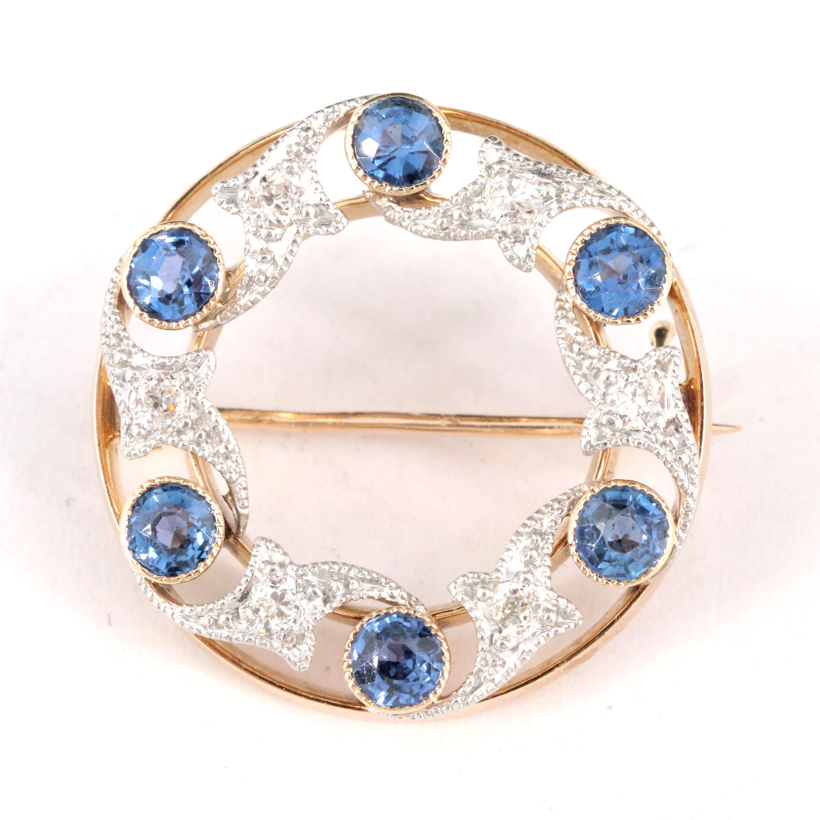 Antique 14K, Platinum, Sapphire and Diamond Brooch/Pendant