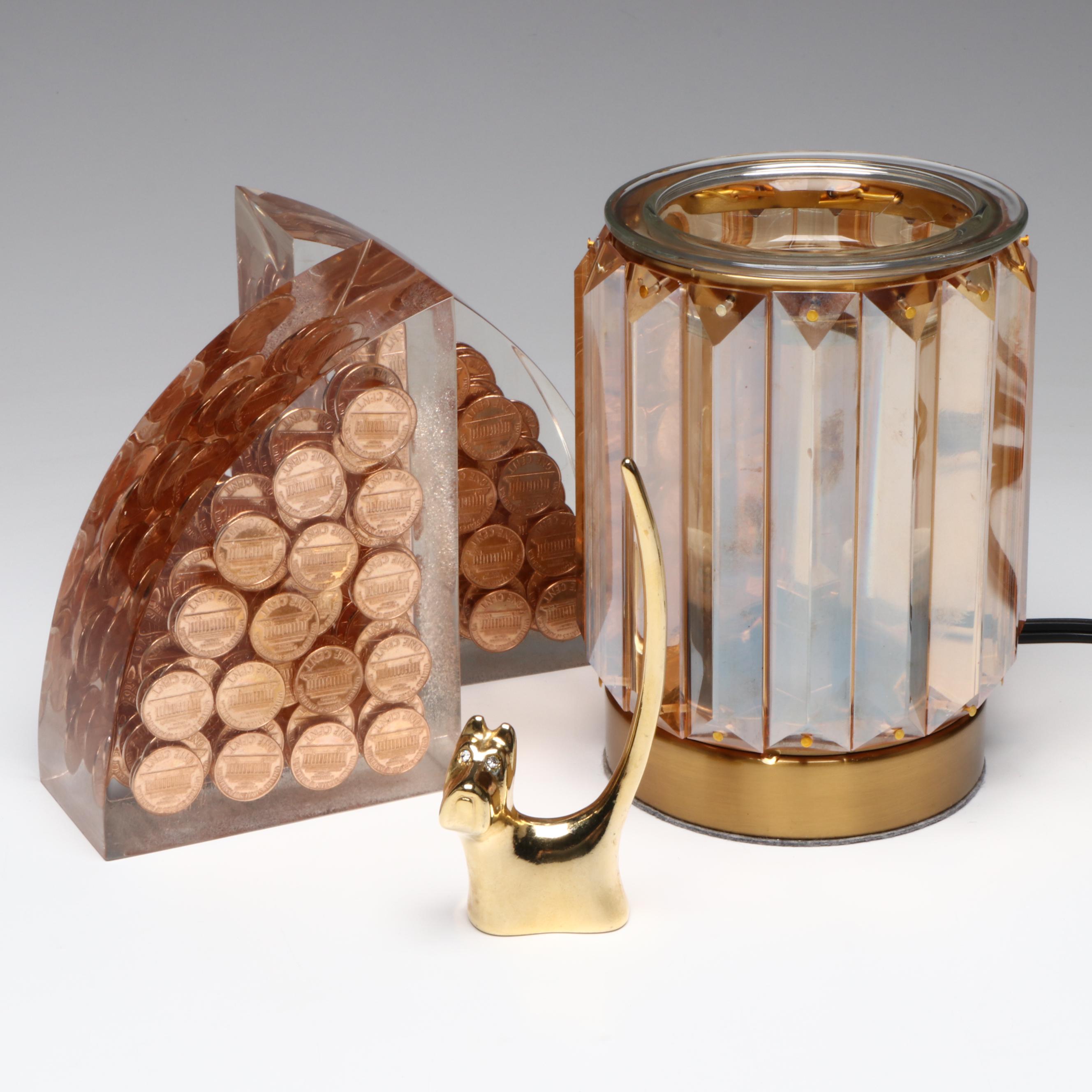 Candle Lamp Aroma Warmer with Acrylic Lincoln Penny Bookends and Ring Holder