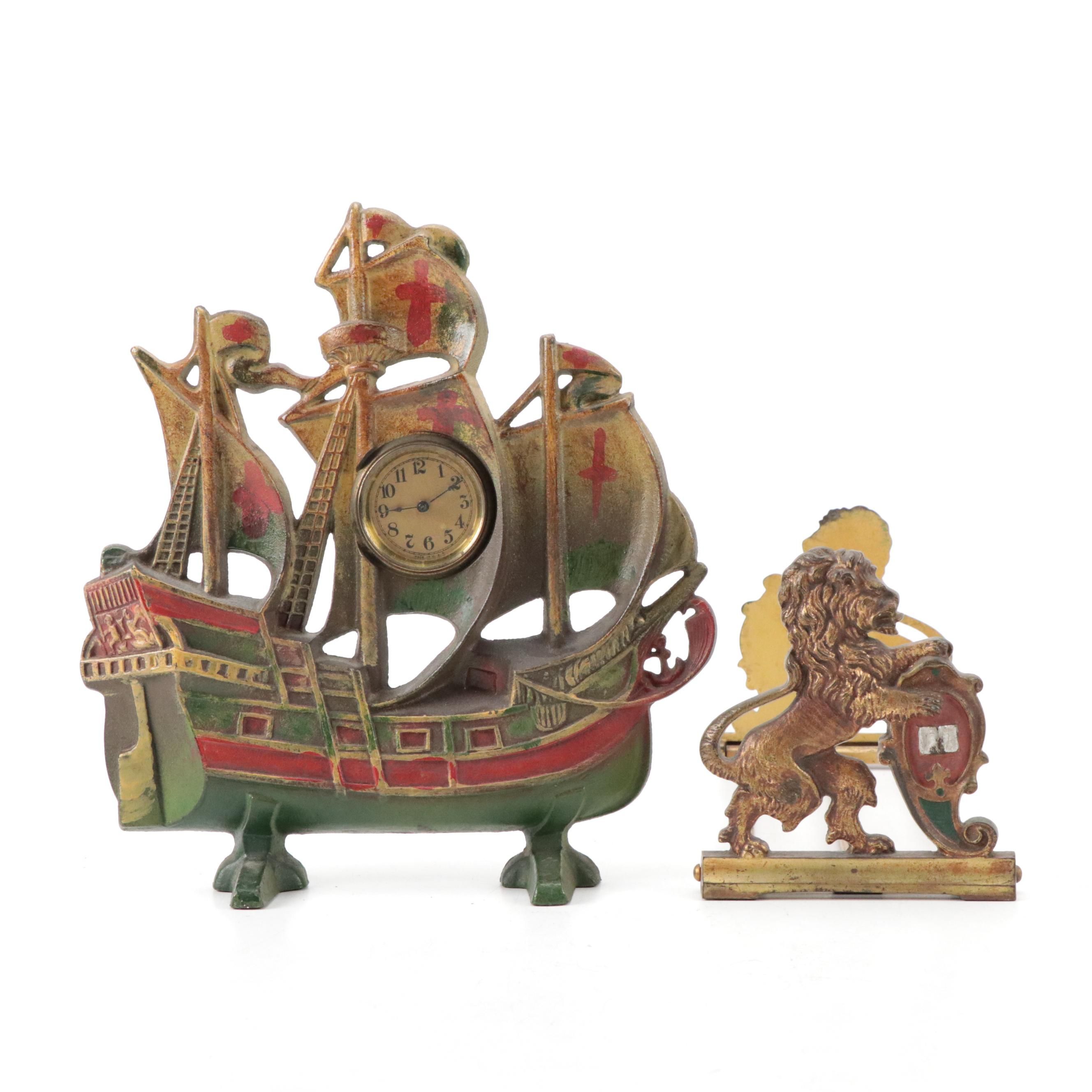 Victorian Style Expandable Lion Bookends with Cast Iron Ship Clock