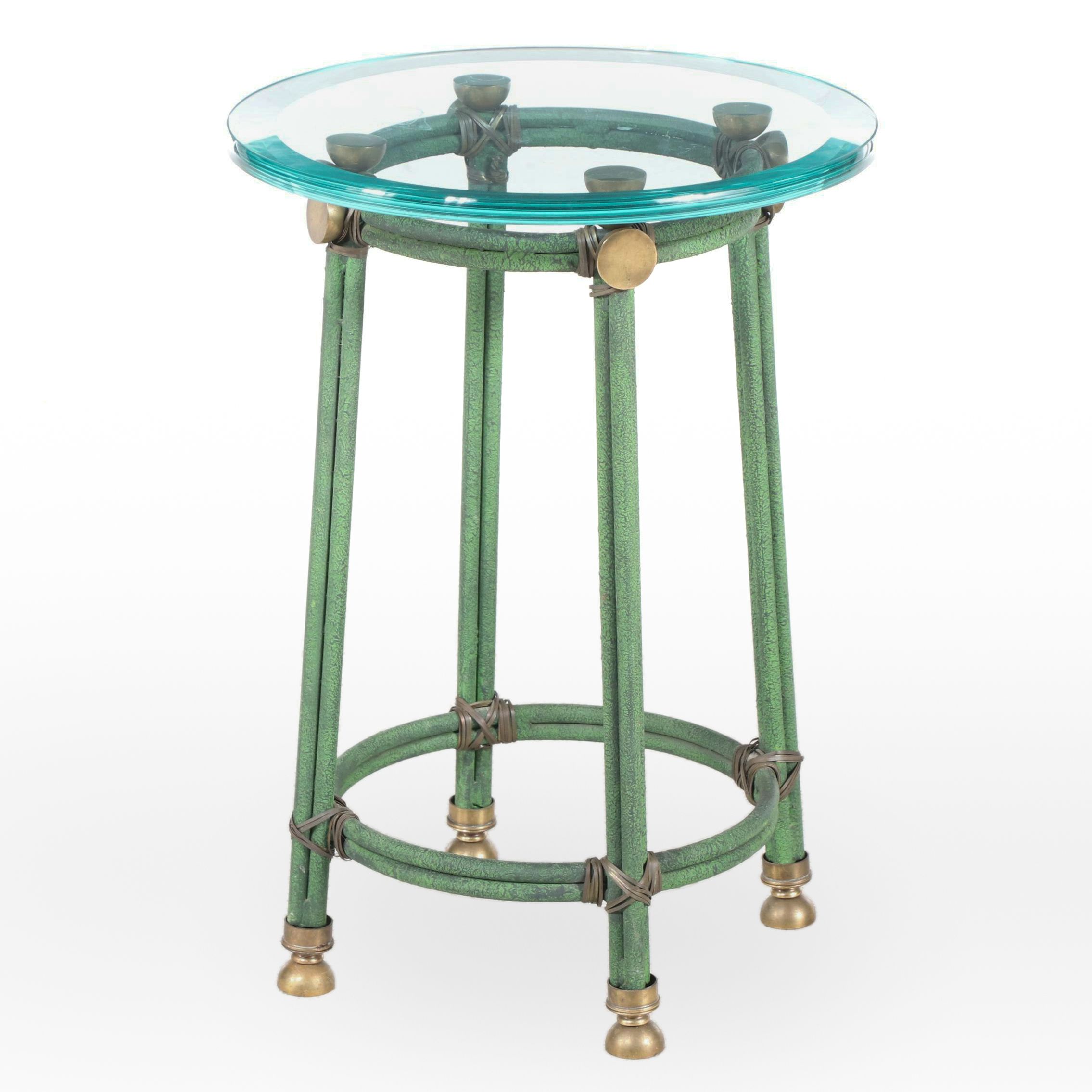French Mid Century Modern Style Verdigris and Mixed Metal Glass Top Side Table