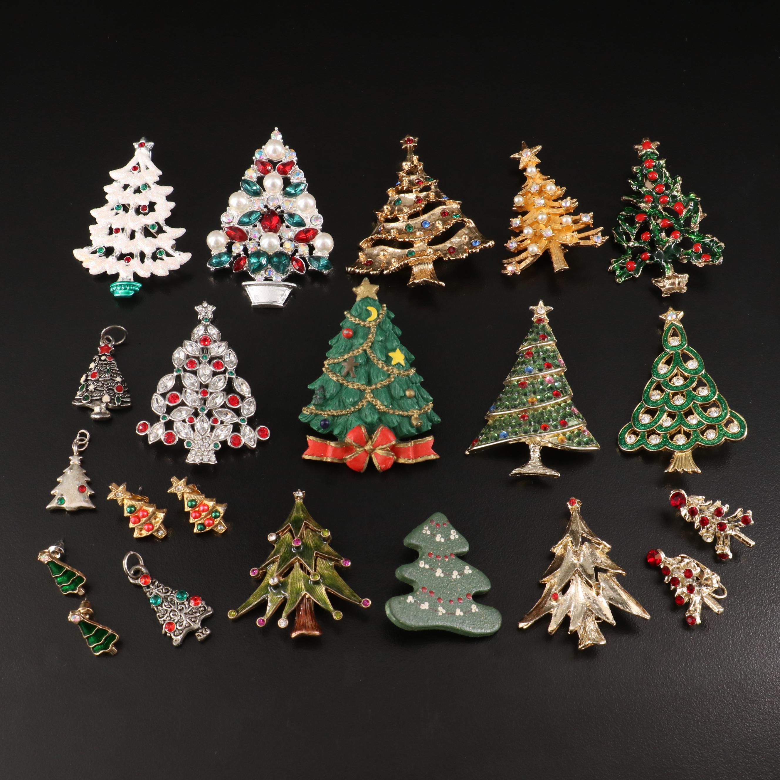 Vintage Christmas Tree Brooches and Earrings Featuring Crystal