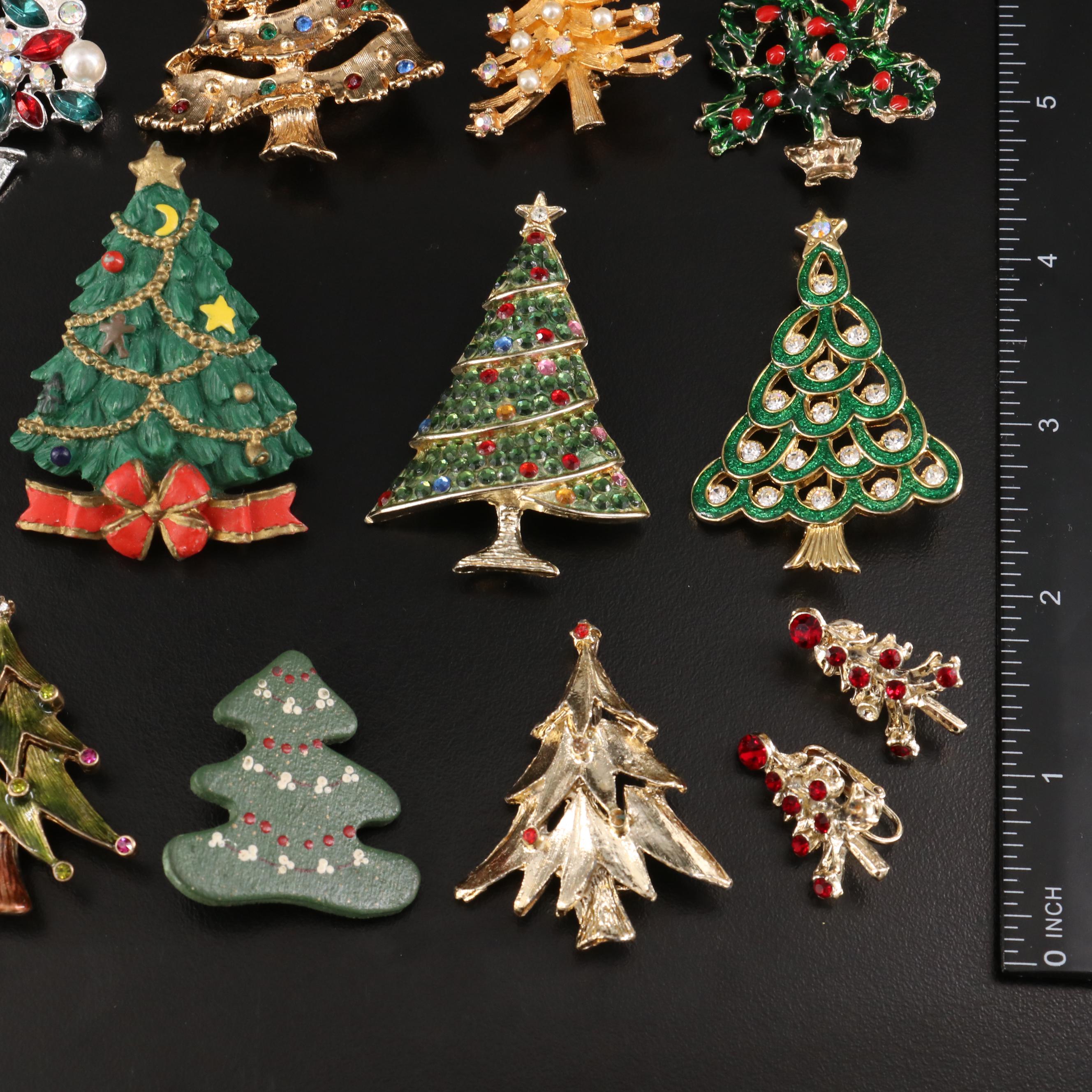 Vintage Christmas Tree Brooches and Earrings Featuring Crystal
