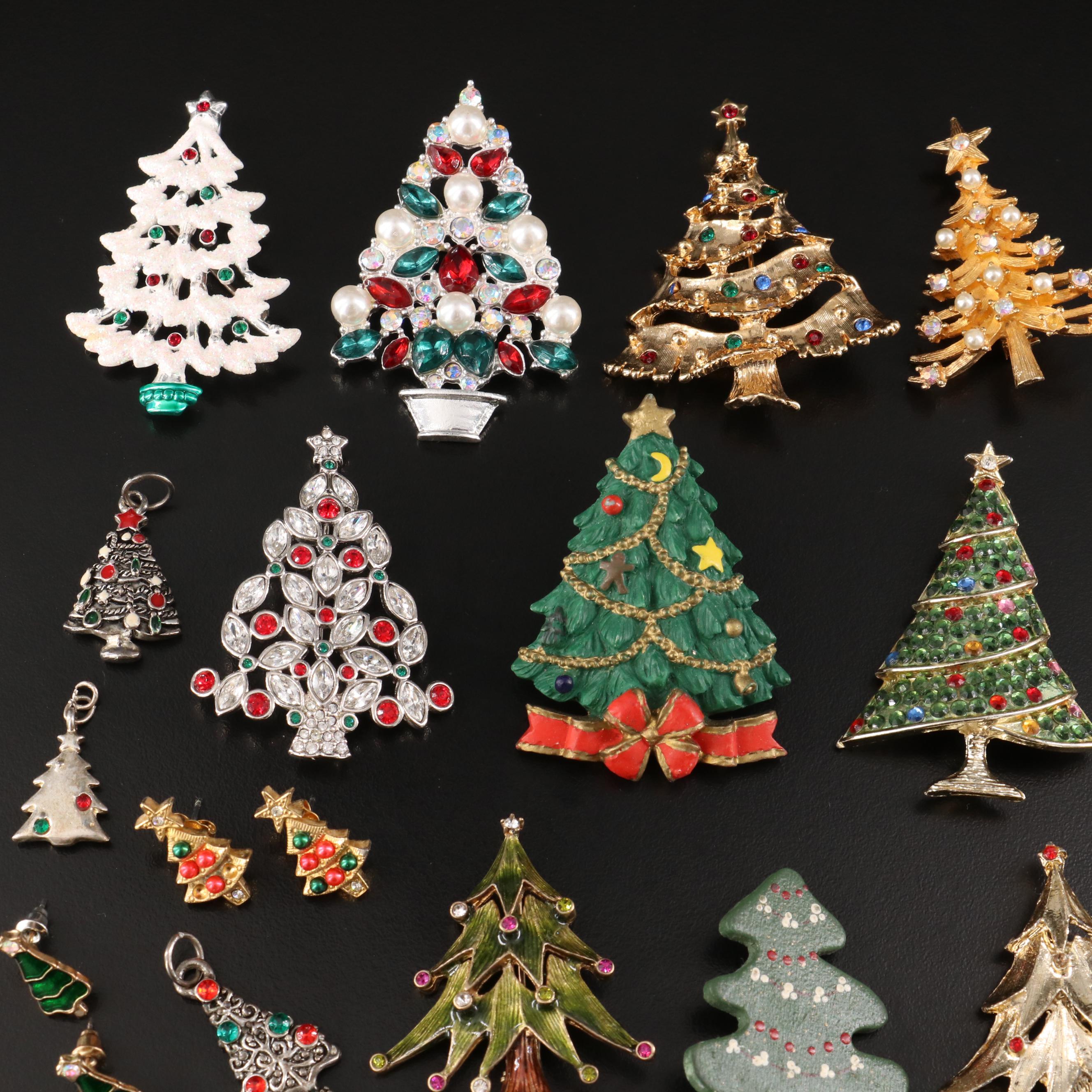 Vintage Christmas Tree Brooches and Earrings Featuring Crystal