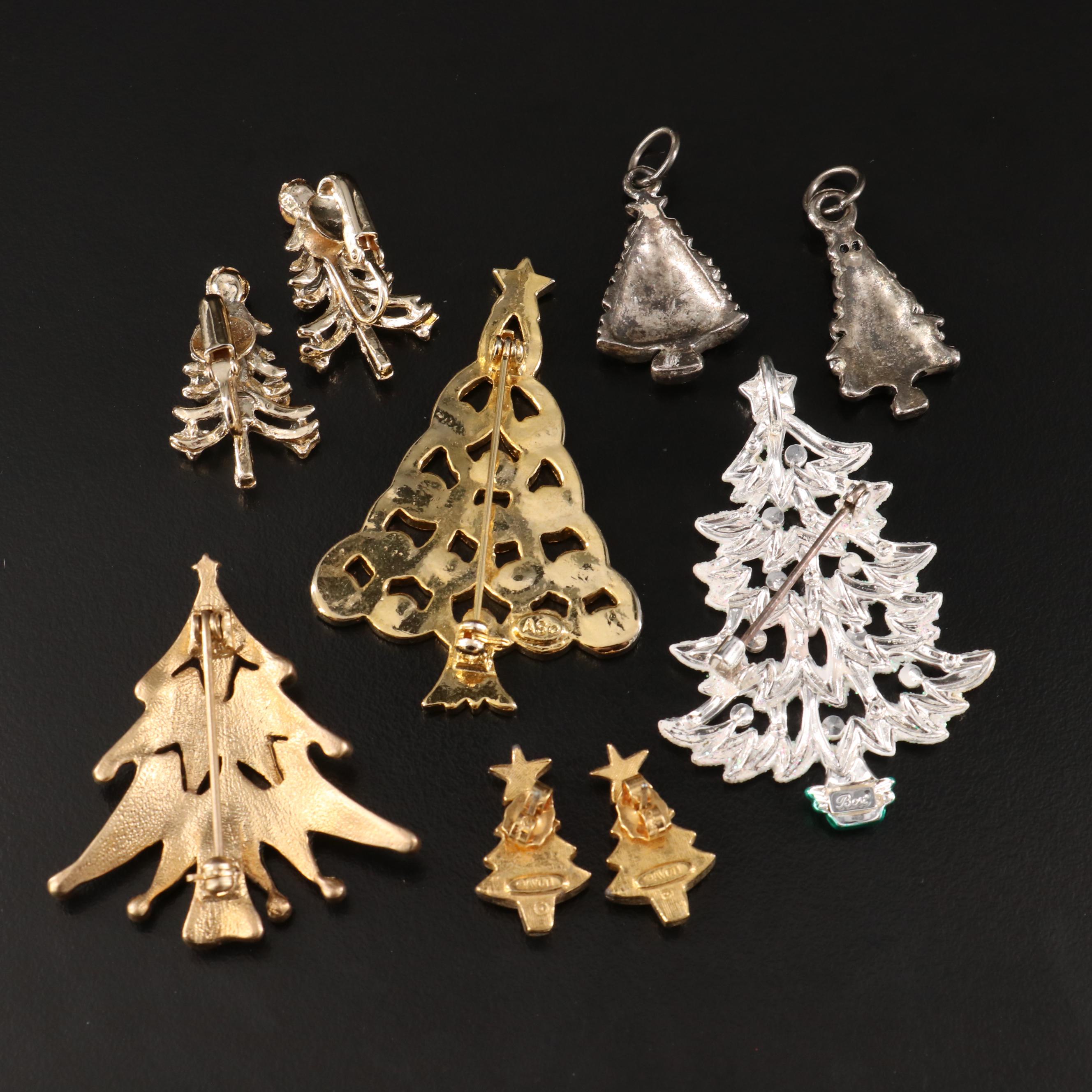 Vintage Christmas Tree Brooches and Earrings Featuring Crystal
