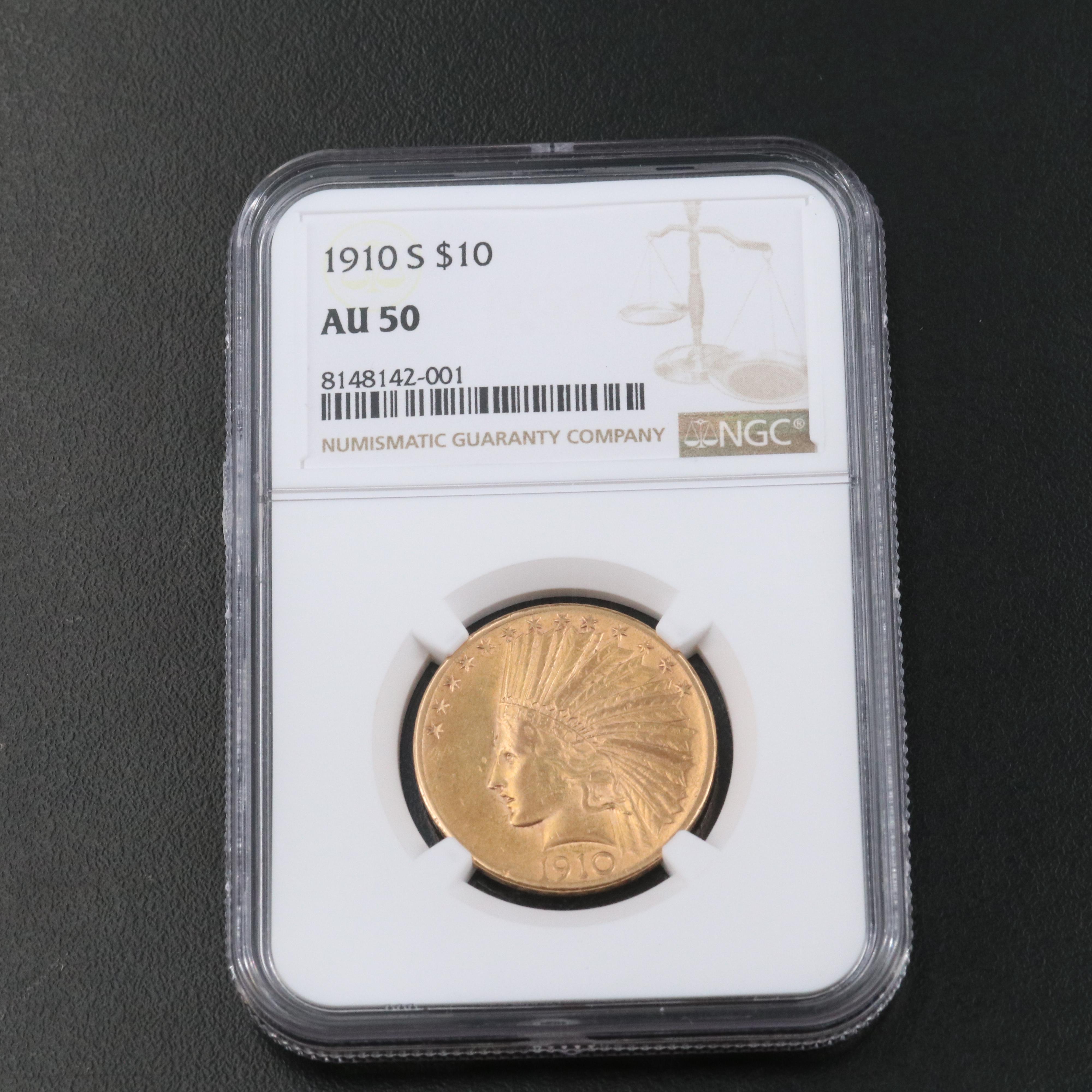NGC AU50 1910-S Indian Head $10 Gold Coin