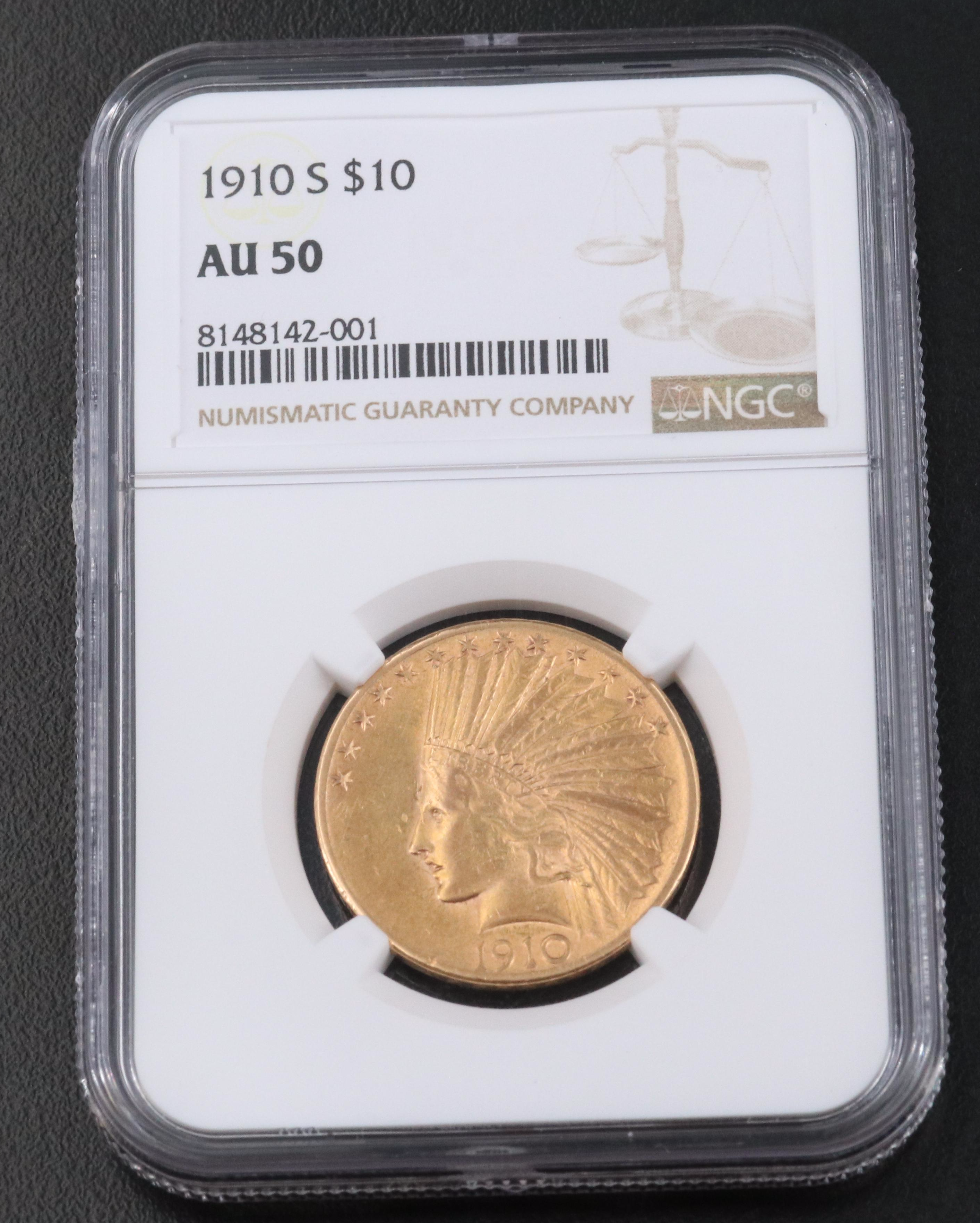NGC AU50 1910-S Indian Head $10 Gold Coin