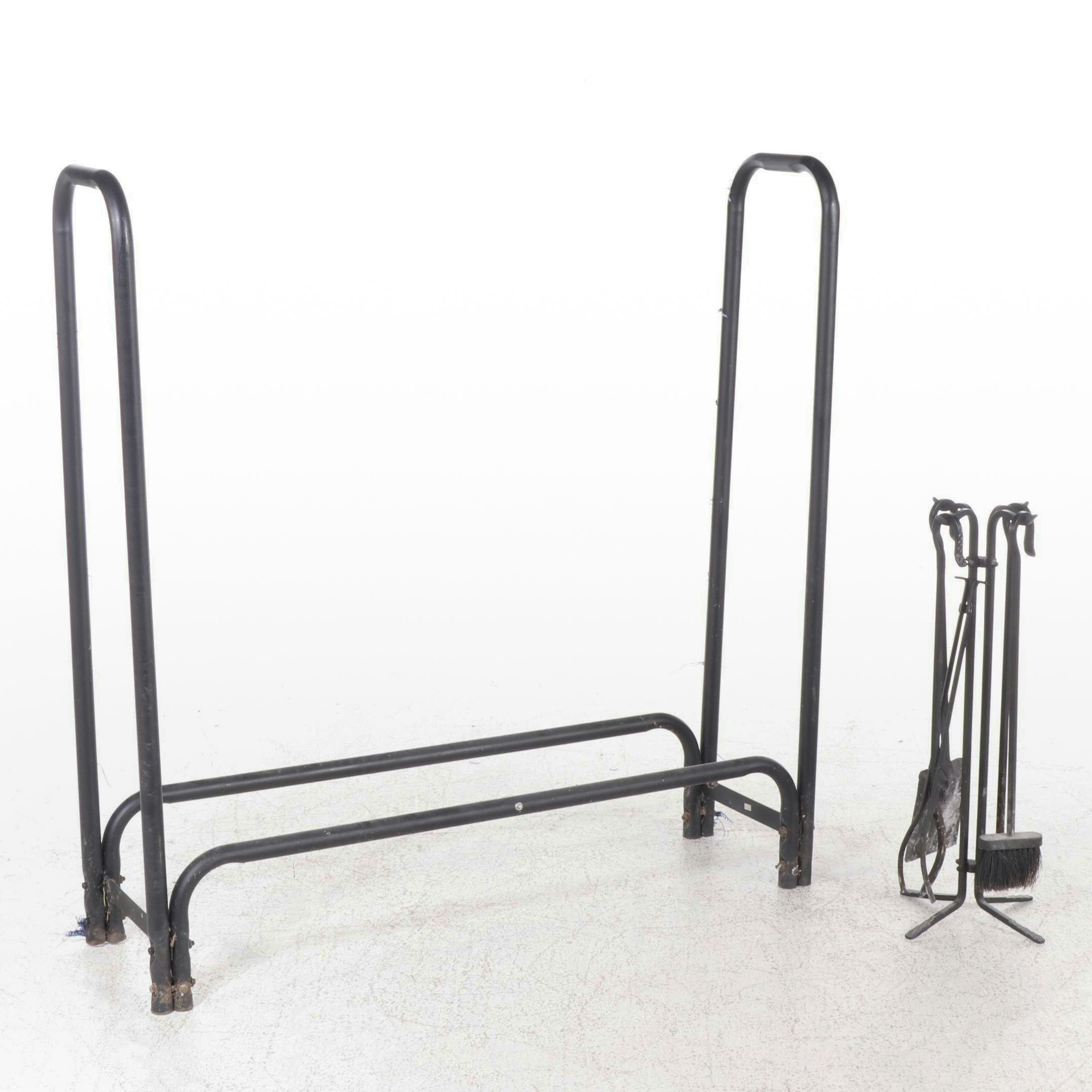 Firewood Storage Rack with Cast Iron Fireplace Tool Set and Stand