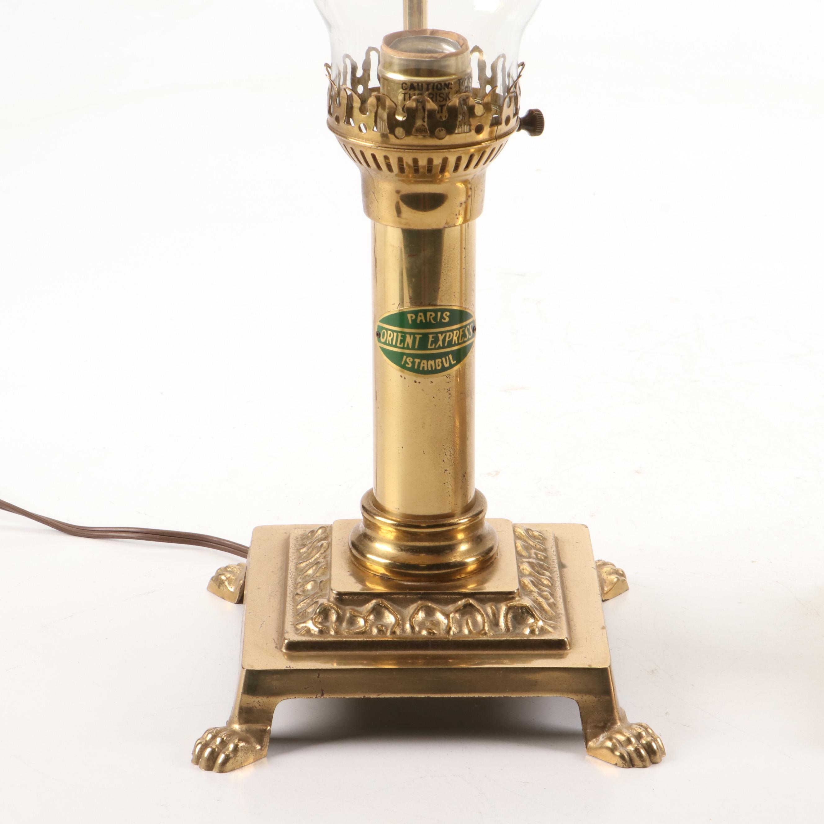 Brass Orient Express Style Oil Lamps with Brass Shades, Adapted