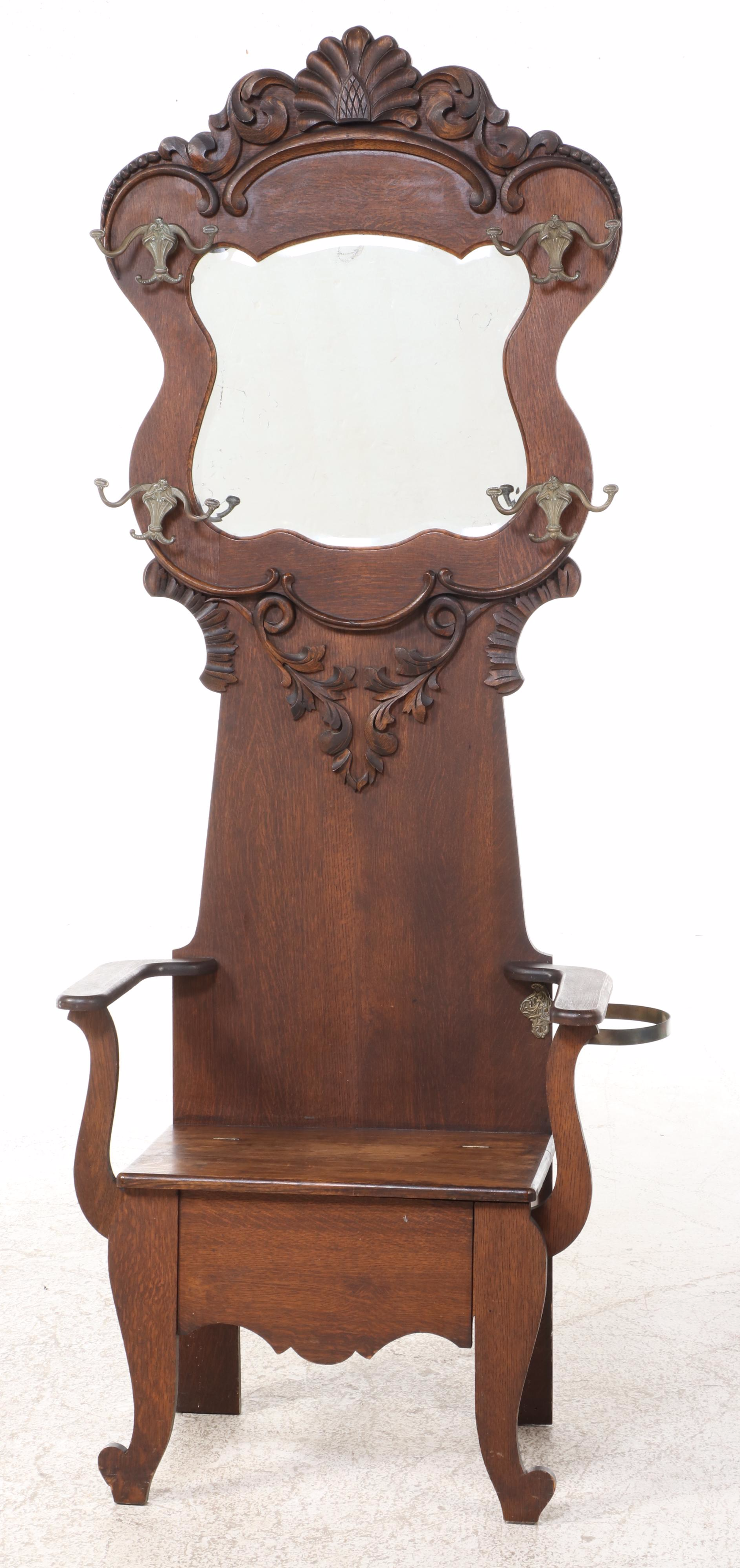 Late Victorian Carved Oak Hall Tree with Seat, Late 19th/ Early 20th Century