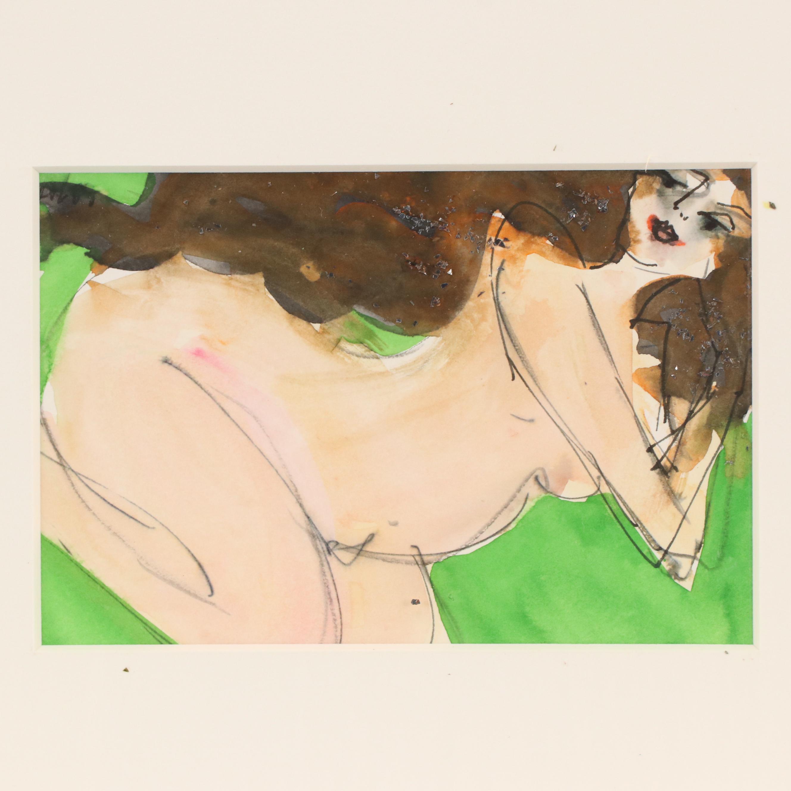 Roslyn C. Bliss Modernist Figural Nude Watercolor Painting "Christmas Woman"