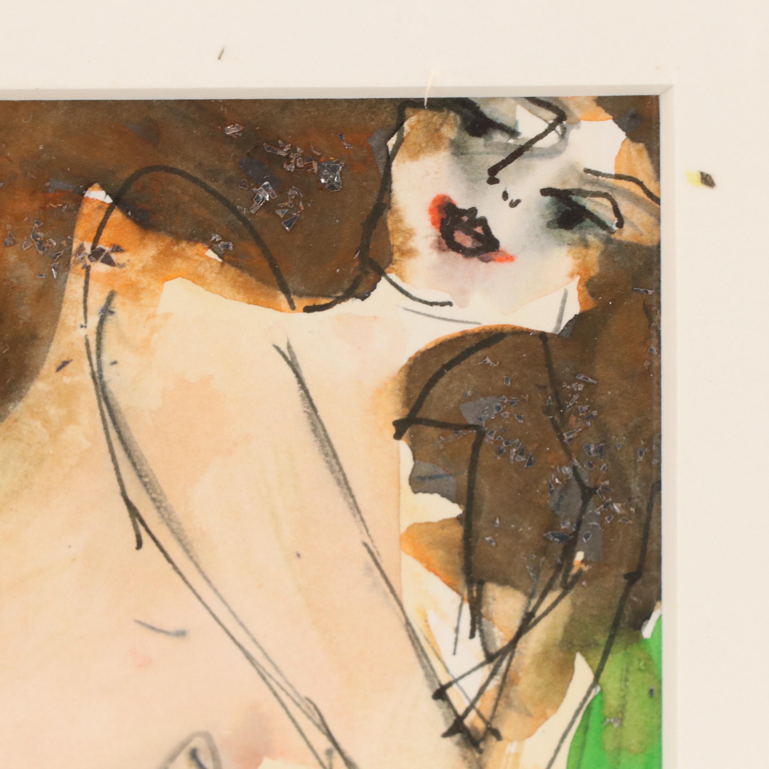 Roslyn C. Bliss Modernist Figural Nude Watercolor Painting "Christmas Woman"