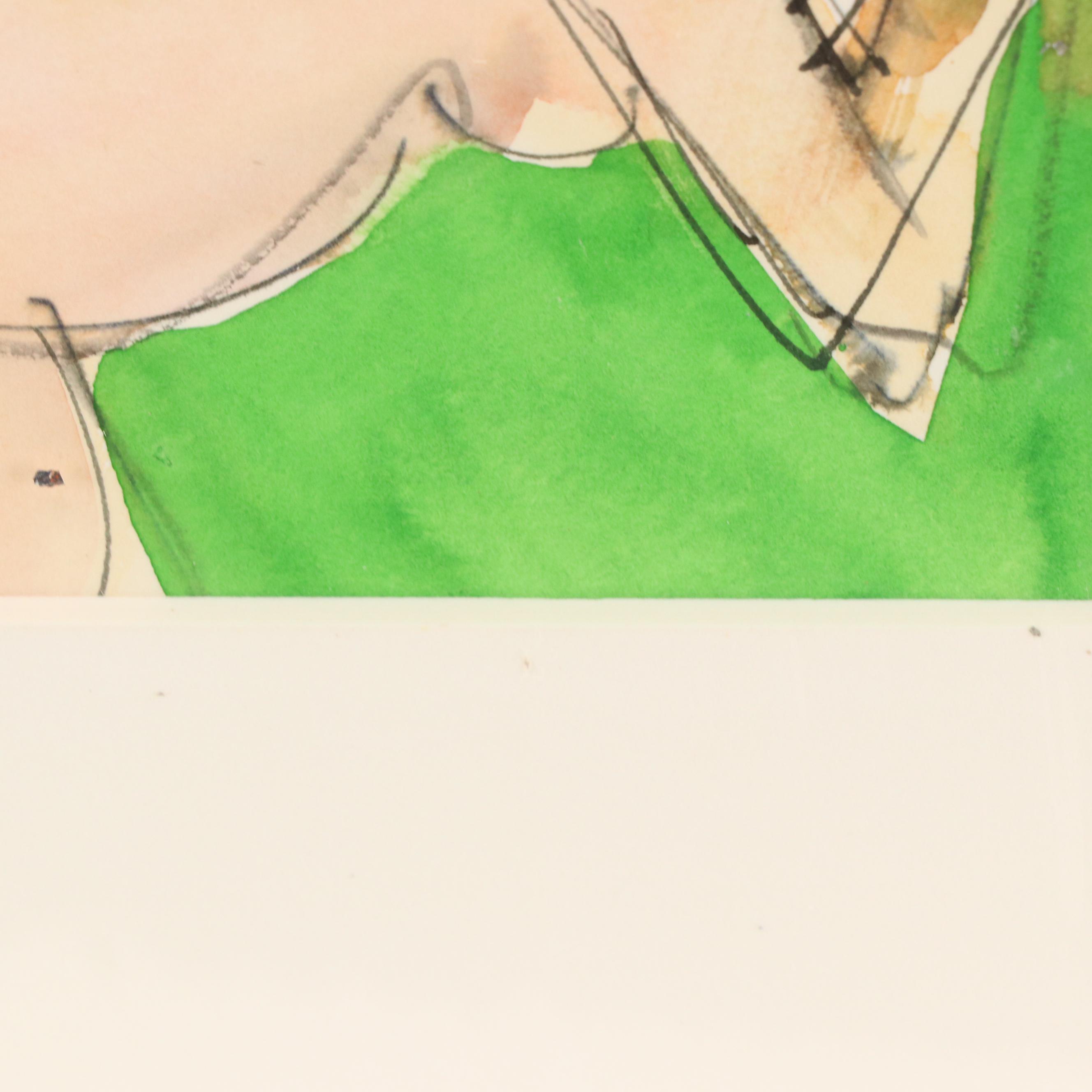 Roslyn C. Bliss Modernist Figural Nude Watercolor Painting "Christmas Woman"