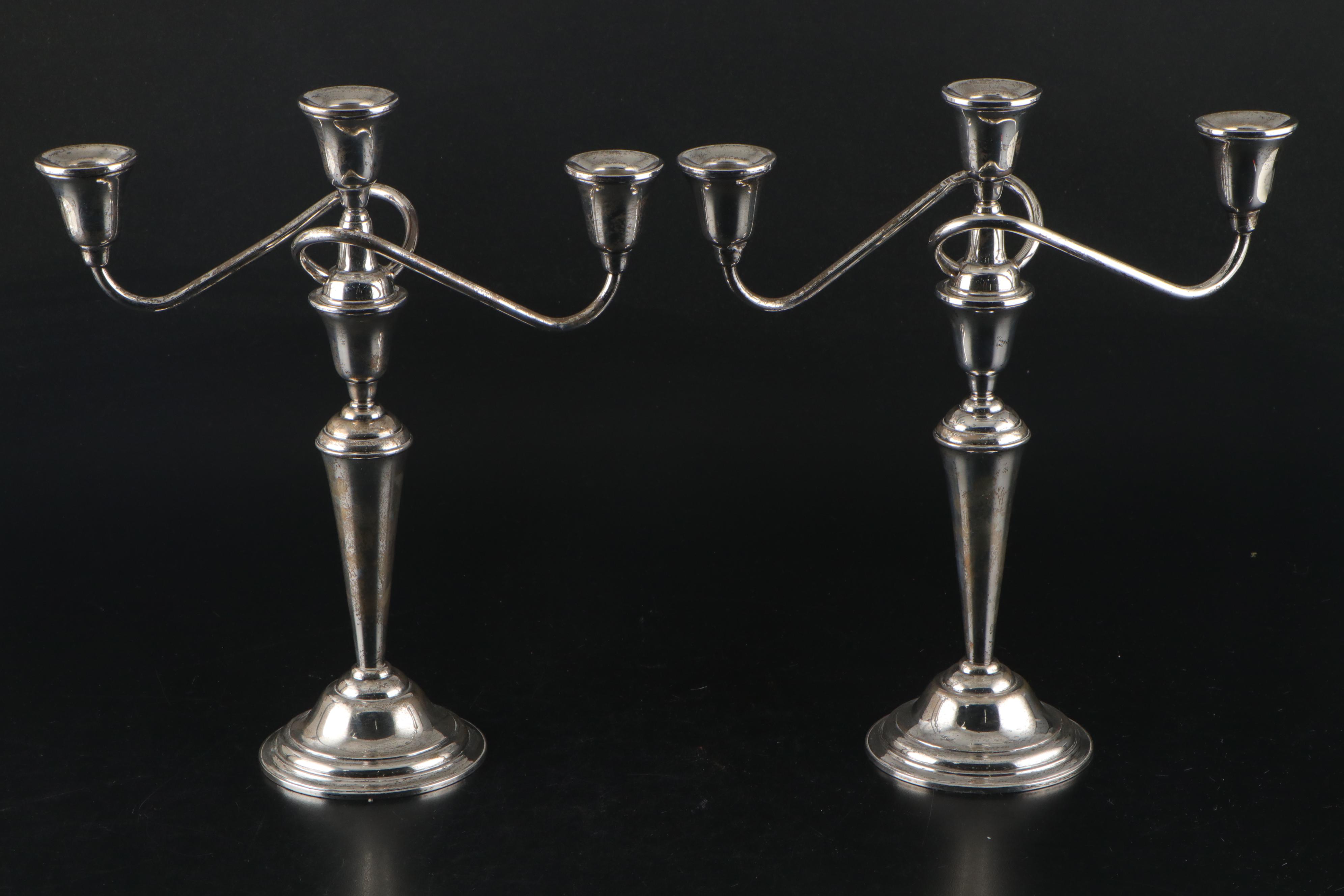 Rogers Weighted Sterling Silver Three-Light Candlesticks Pair