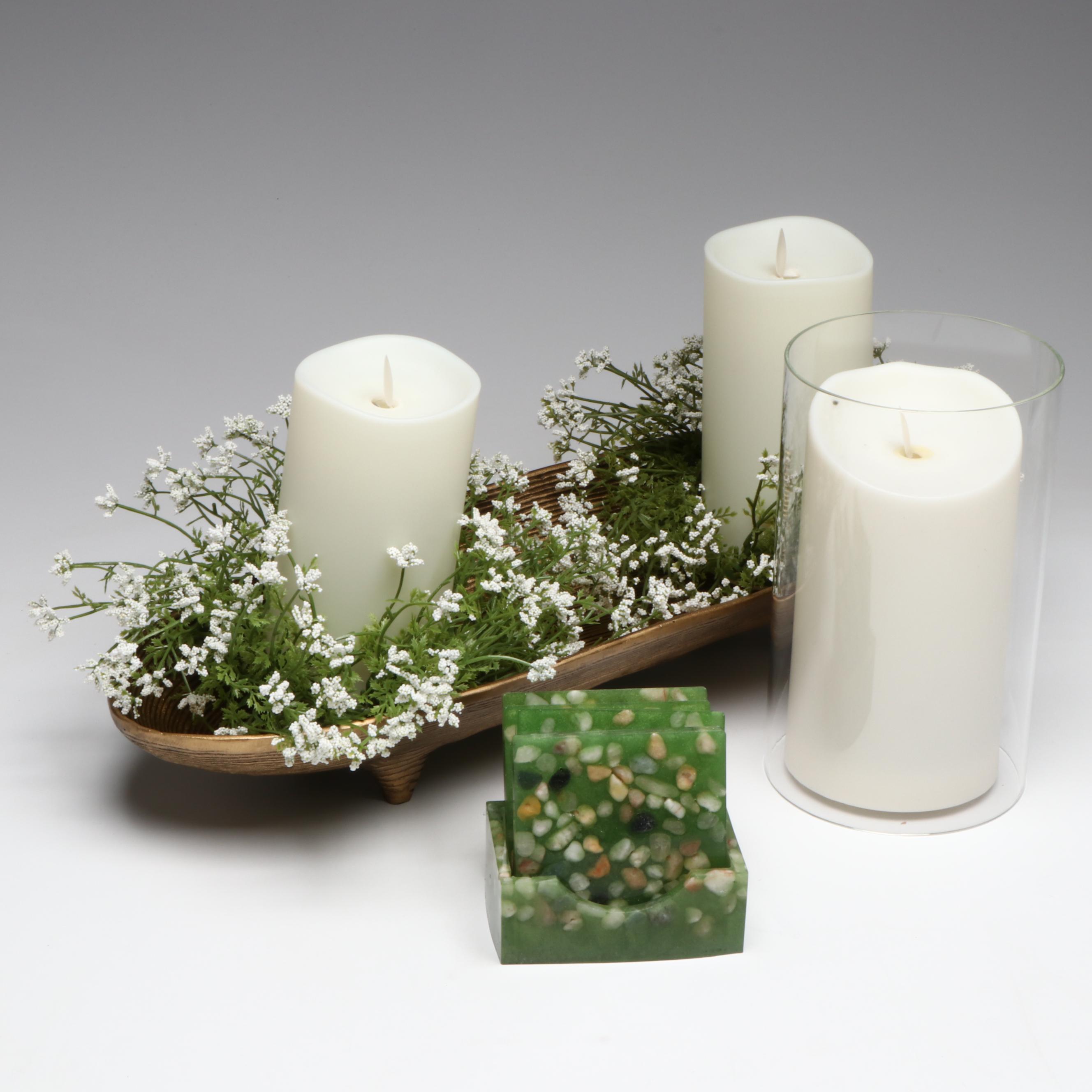 Luminara Flameless Candles with Artificial Greenery and Coaster Set
