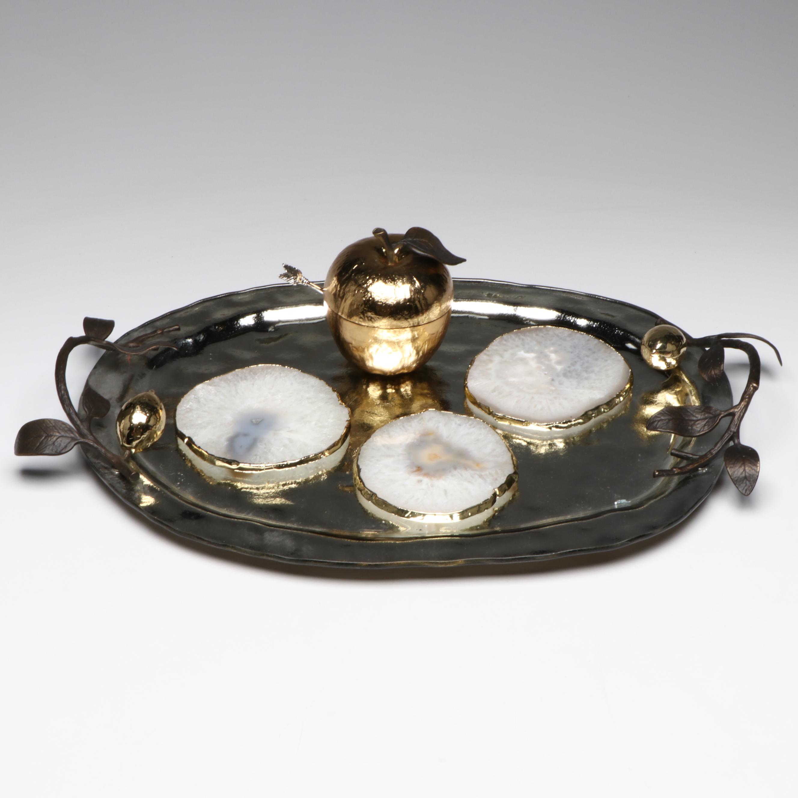 Michael Aram "Lemonwood" Tray with Apple Shaped Honey Pot and Other Coasters