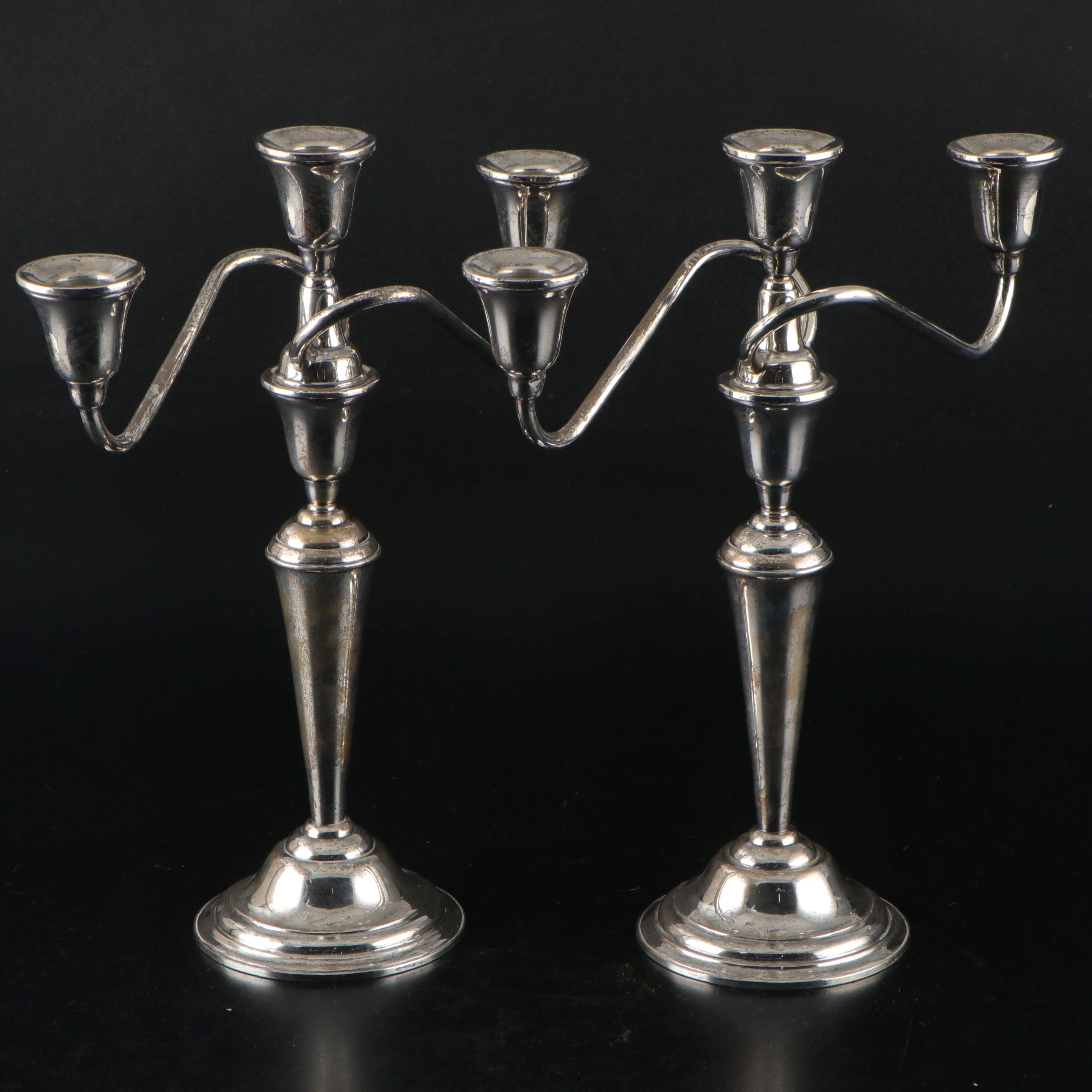 Rogers Weighted Sterling Silver Three-Light Candlesticks Pair