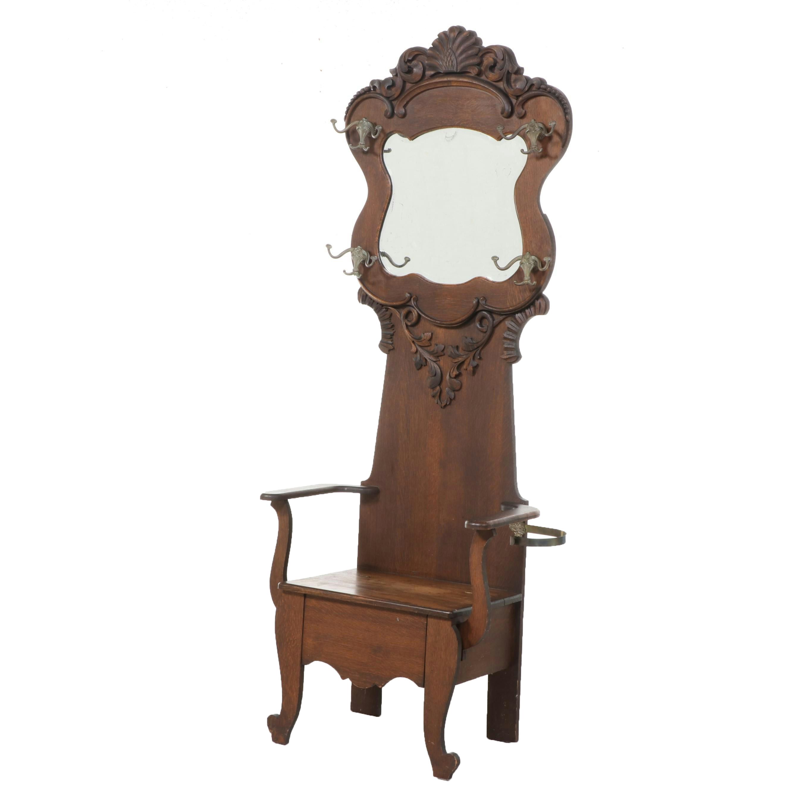 Late Victorian Carved Oak Hall Tree with Seat, Late 19th/ Early 20th Century