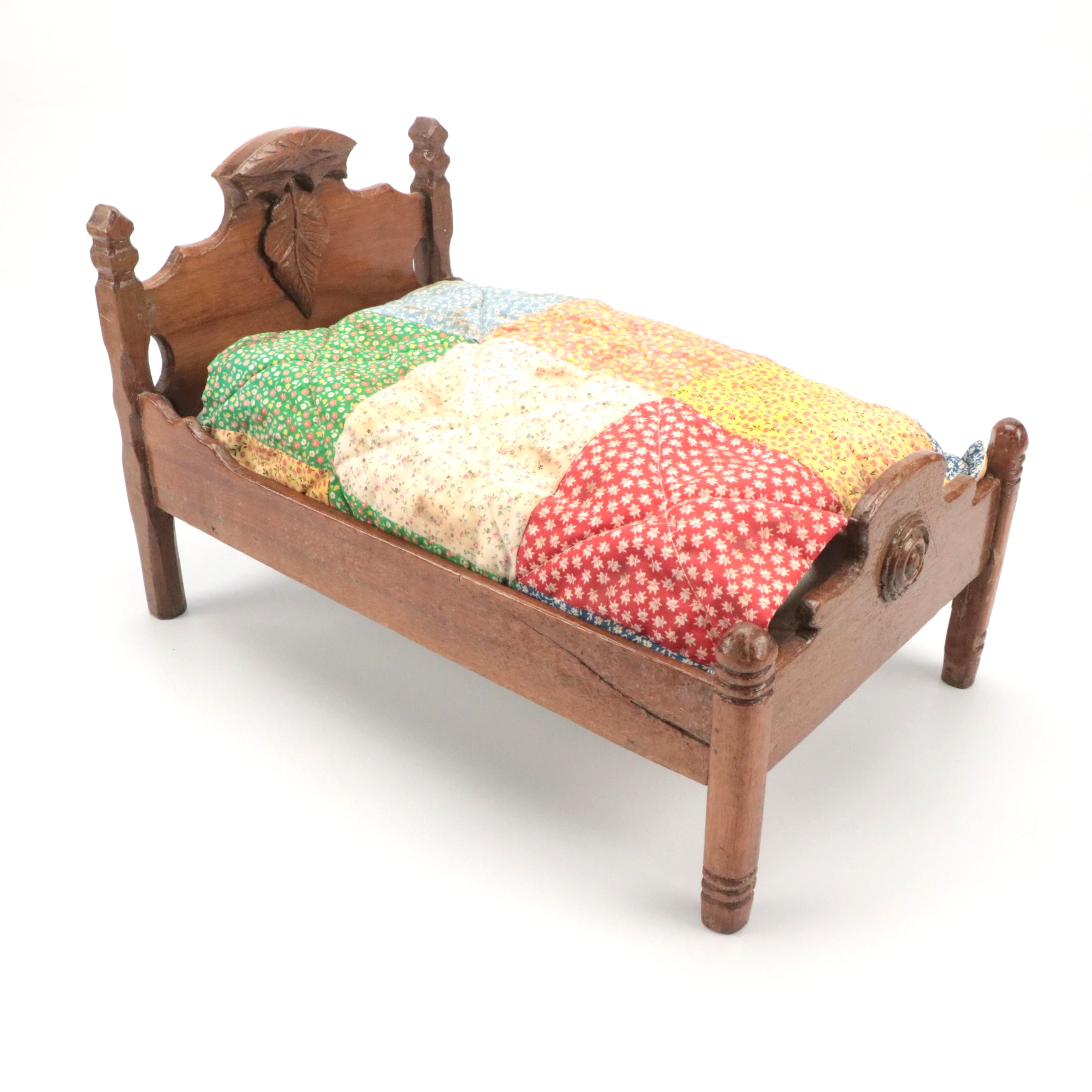 Late Victorian Style Walnut Doll's Bed with Miniature Quilt and Bedding